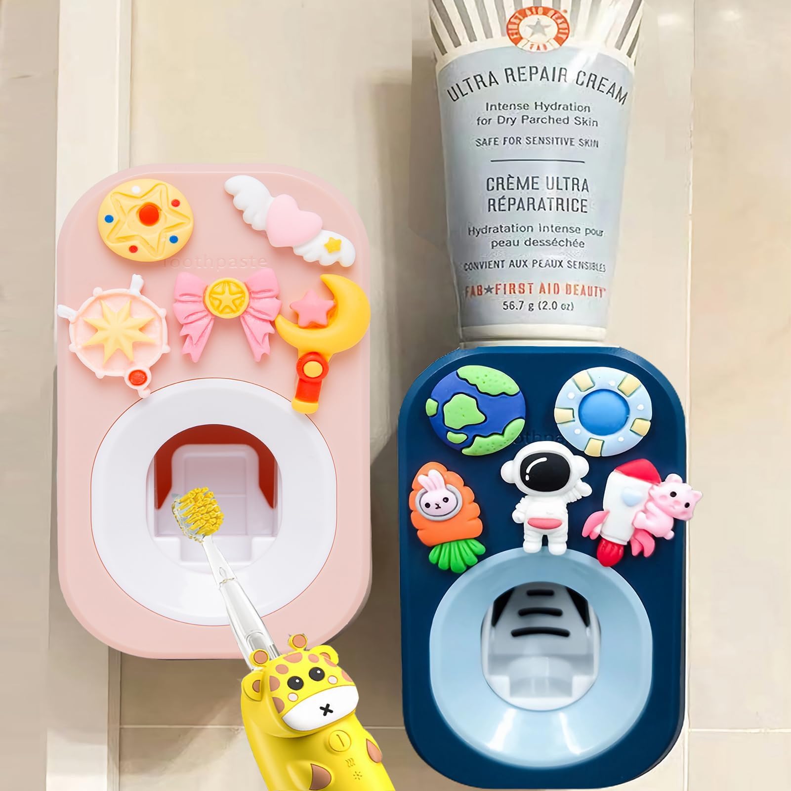 Automatic Kid Toothpaste Dispenser Wall Mounted for Bathroom,Toothpaste Squeezer for Kids & Family Shower by Mr. Thumbs (2pc,Astronaut #2 & Little Fairy)