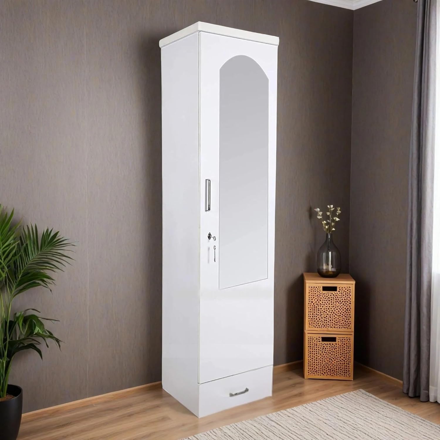 CASPIAN Engineered Wood Single Door Wooden Wardrobe (White) | Pre-Assembled Furniture with Dressing Mirror | Cupboard/Almirah for Bedroom Clothes Storage Organizer with 3 Shelves, Key Lock, Drawers-image-16