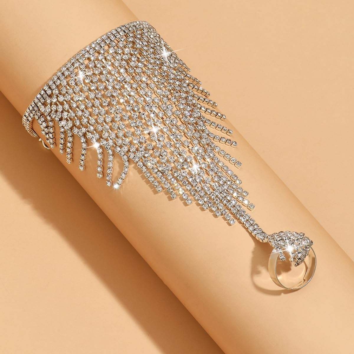 Chargances Tassle Sparkly Crystal Finger Ring Bracelet Silver Tassle Hand Chain Rhinestone Bangle Wedding Hand Harness Hand Accessories for Women (Style 2) - Image 4