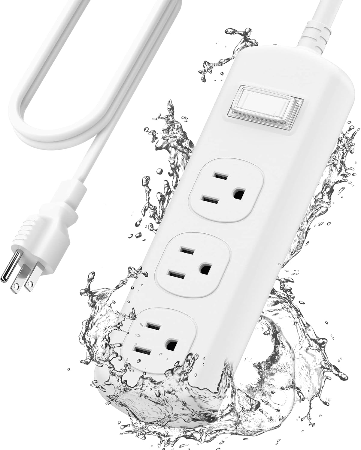 Outdoor Power Strip Weatherproof, 6 FT Extension Cord, Waterproof Surge Protector with 3 Wide Outlets, 1875W Overload Protection, Shockproof Outlet Extender for Kitchen Patio Christmas Lights, White