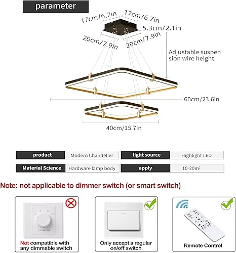 Miniatura 5 de Siittoo Lámpara de Araña Negra Moderna Luminaria para Comedor, Lámpara Colgante LED Regulable Moderna de 96W, Lámpara de Araña Rectangular de 2