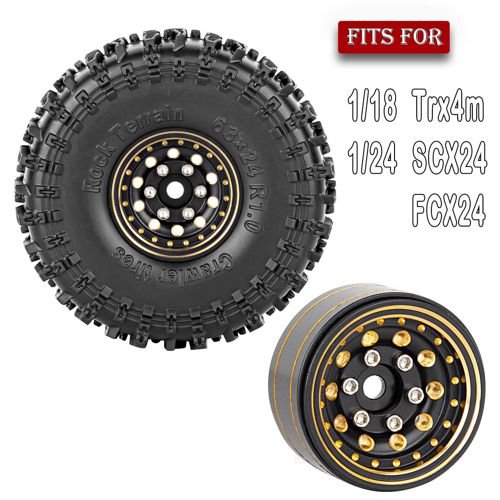 RCYouHott RC Full Brass (4PCS) 1.0 Beadlock Wheels Tires/Wheel Rim for 1/18 Trx4m 1/24 SCX24 FCX24 RC Crawler Car?1.0 Beadlock Wheels and Tires
