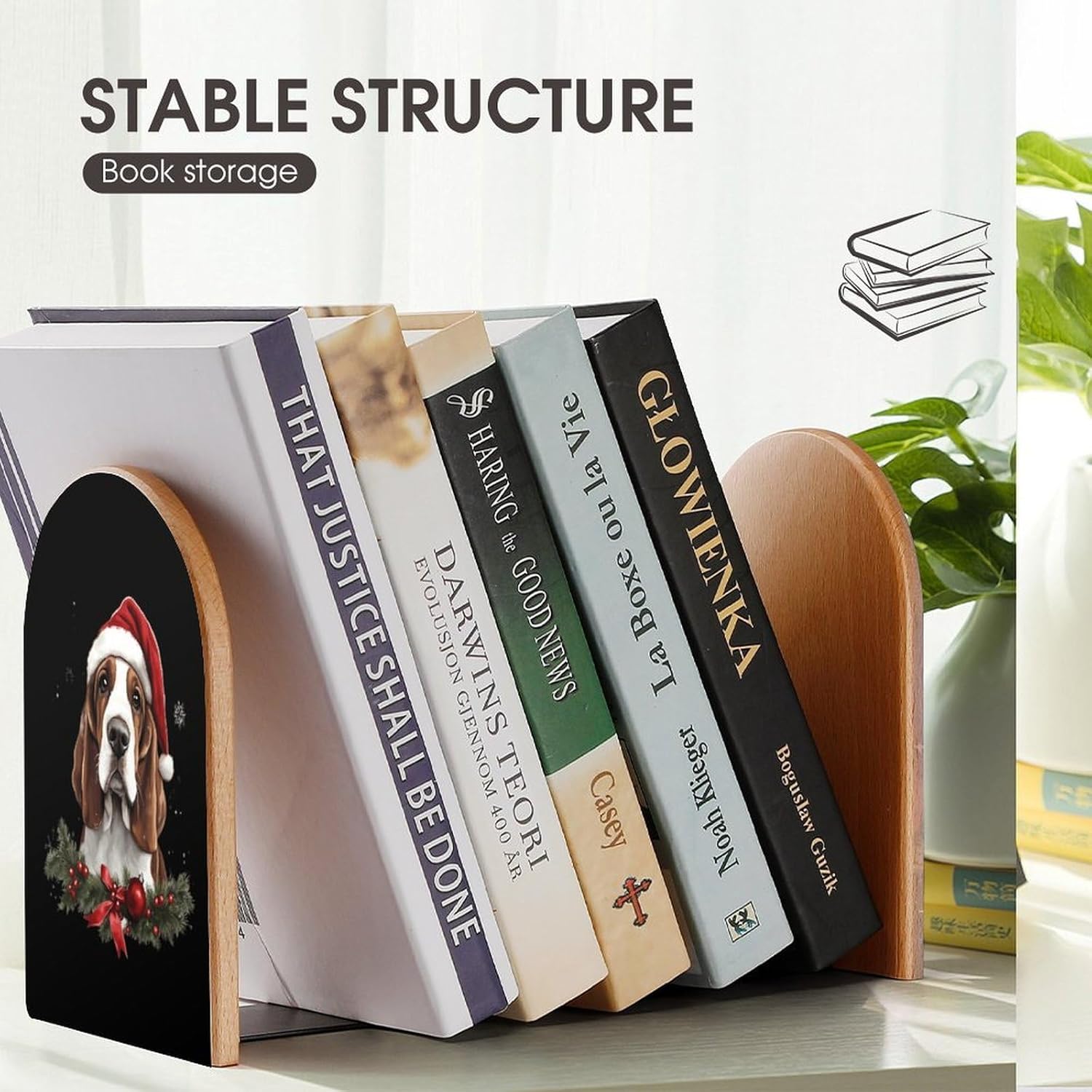Basset Hound Christmas Cute Wood Book Ends Decorative Bookends 1 Pair Non-Skid for Shelves Home Office 7 X 5 Inch