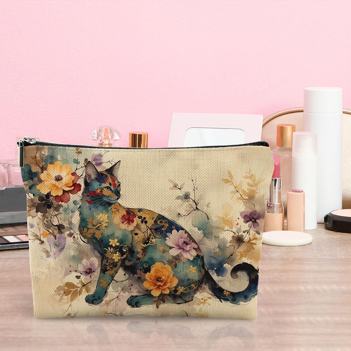 Vibrant Floral Cat Cosmetic Bag Cat Lover Gifts Small Makeup Bag Travel Toiletry Makeup Organizer Zipper Pouch Christmas Thanksgiving Birthday Gifts for Women Girls Friend Sister - Image 6