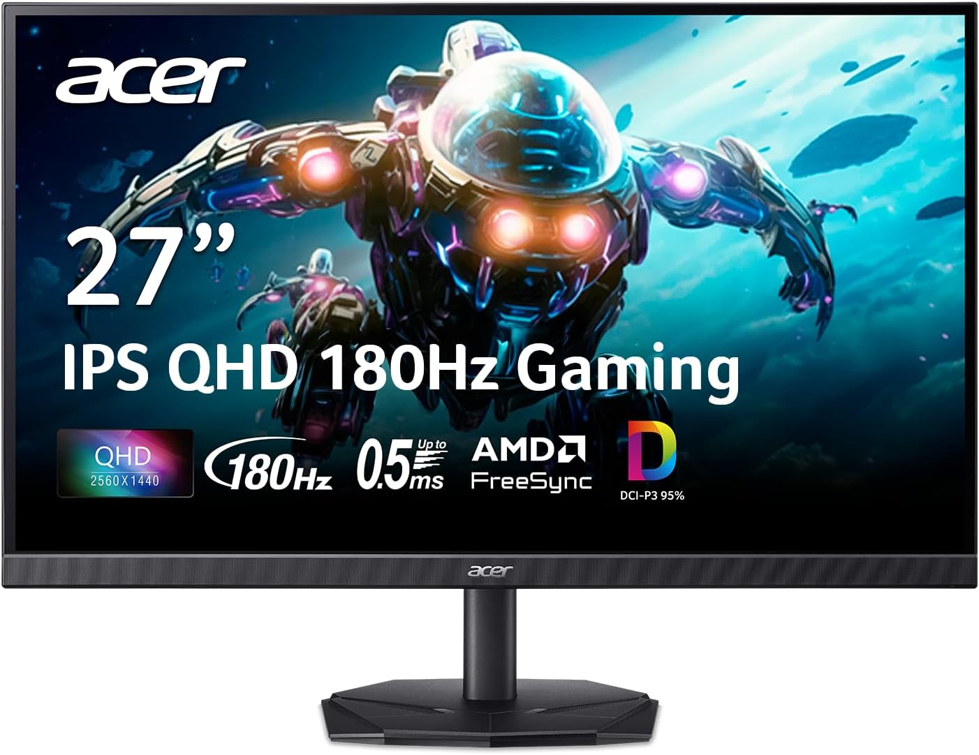 Acer Nitro 27in QHD 2560x1440 IPS 180Hz Gaming Monitor KG271U N3bmiipx | 0.5ms, AMD FreeSync, DCI-P3 95%, 2xHDMI, DisplayPort, Speaker, VESA Mountable, Bluelight Filter, Flickerless Technology