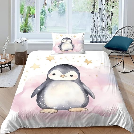 BLUEZY Kawaii Cute Penguin 3D Bed Linen Duvet Cover Set Pillowcase