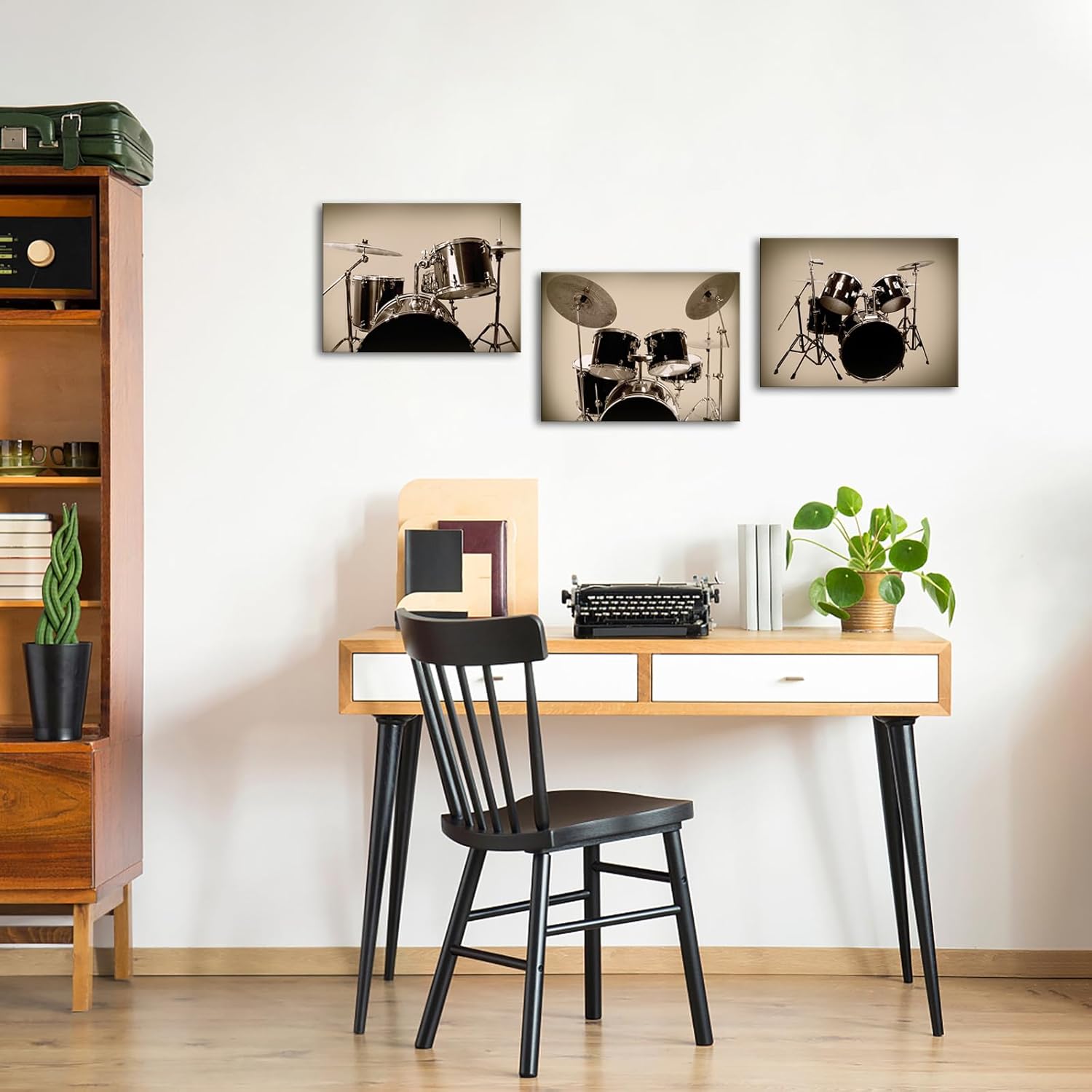 iKNOW FOTO 3-Piece Drum Kit Canvas Wall Art – 12x16'' Gilded Vintage Drum Set Prints in Sepia, Retro Style Musical Instruments Painting for Living Room Decor
