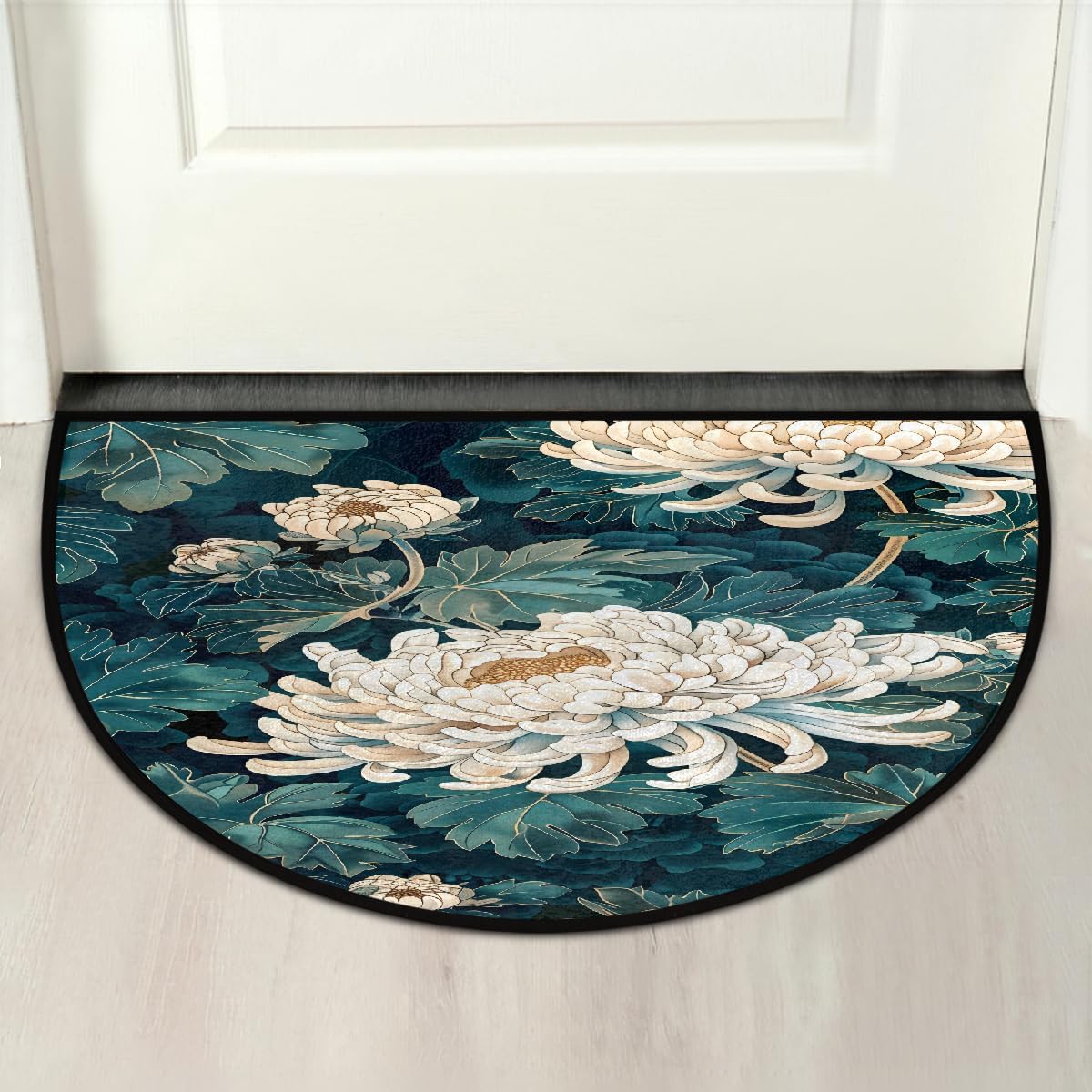 Half Round Door Mat Chrysanthemum Fall Flower Half Moon Rug Washable Half Circle Area Rugs Indoor Entrance Non Slip Semi Circle Bathroom Rugs Floor Carpet for Kithen Bedroom Fireplace Decor