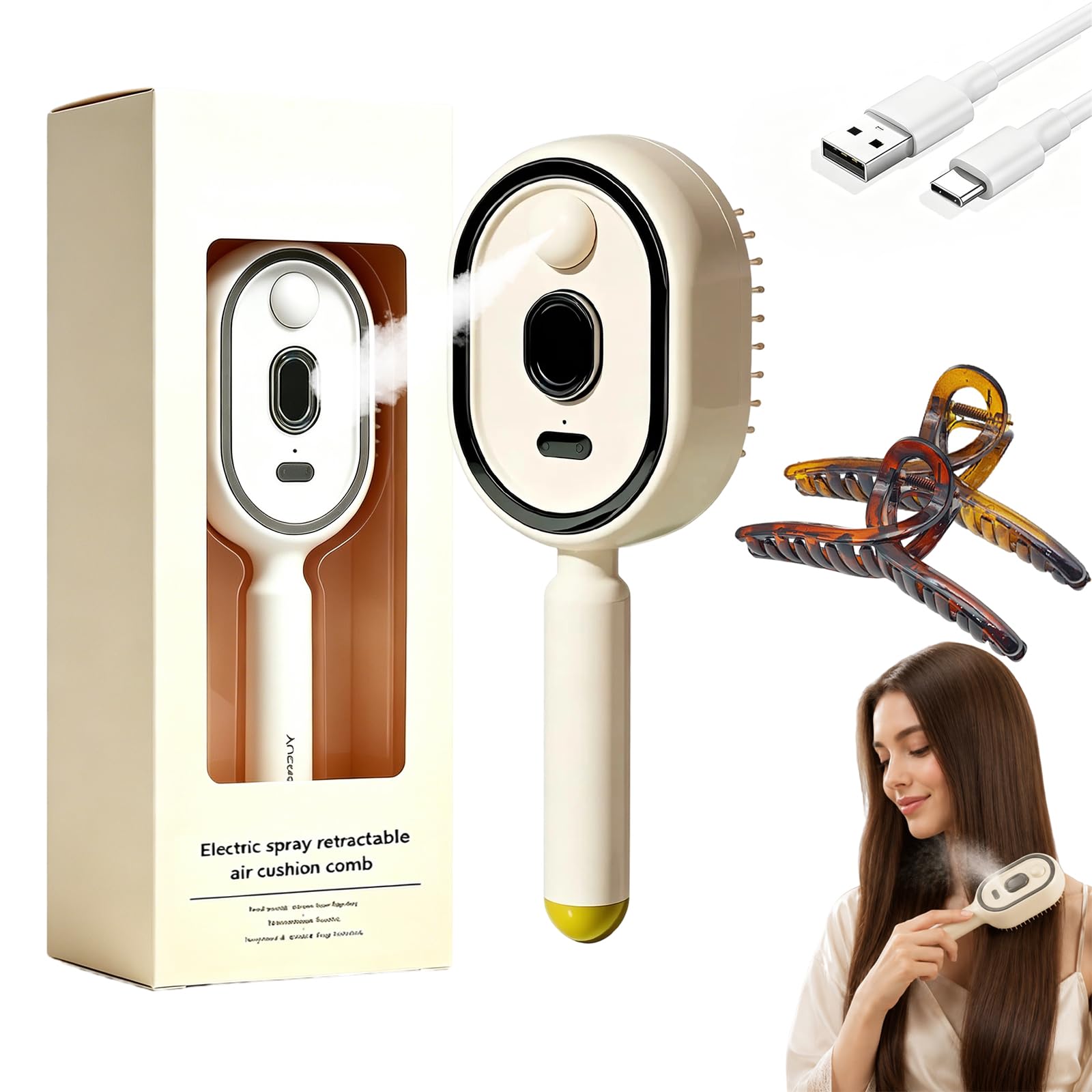 Brosse à cheveux électrique massante avec coussin d'air et brumisateur, 2 en 1, démêlante et brumisatrice avec poils rétractables, utilisable sur cheveux secs ou mouillés (White,1)