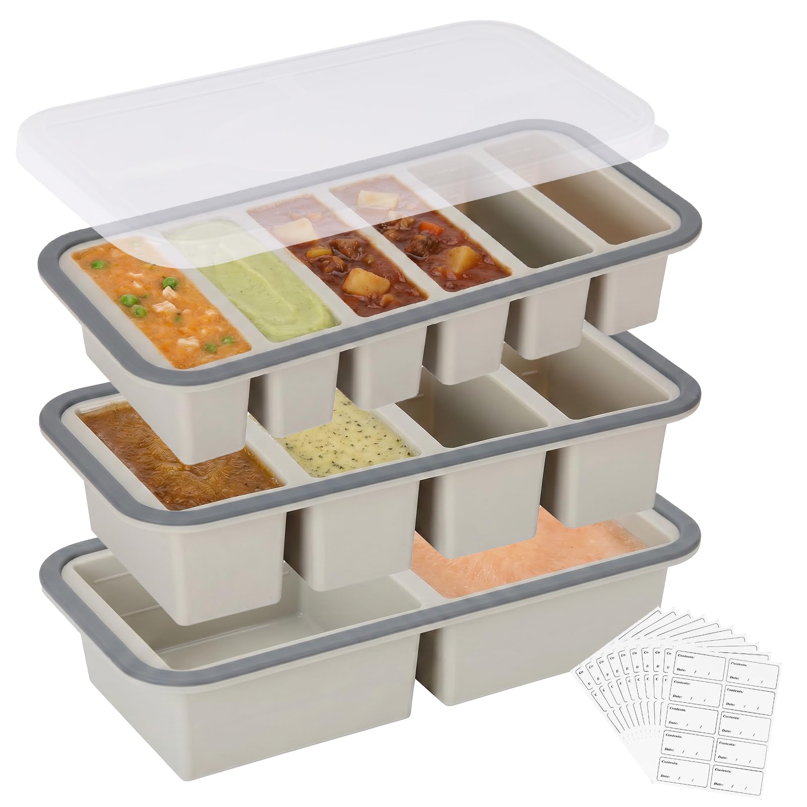 Juego de 3 moldes de silicona para congelación, 1 x 2 compartimentos, 1 x 4 compartimentos y 1 x 6 compartimentos, recipiente flexible para sopa, salsa, caldo, preparación de harina y cubitos de hielo