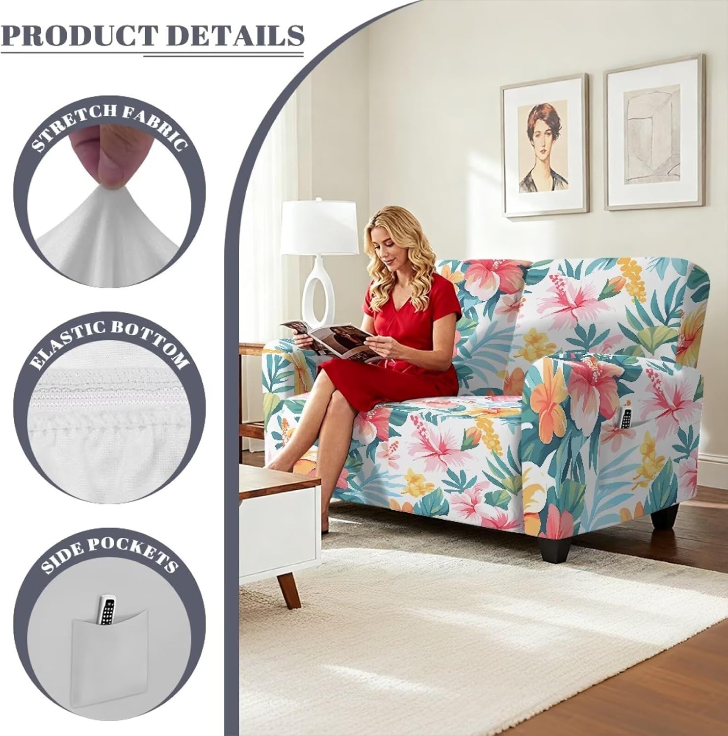 6 Pieces Recliner Covers, Tropical Leaves Stretch Reclining Loveseat Slipcover with Pocket Washable Furniture Protector for Sofa 2 Seater Couch Slipcovers for Kids Pets
