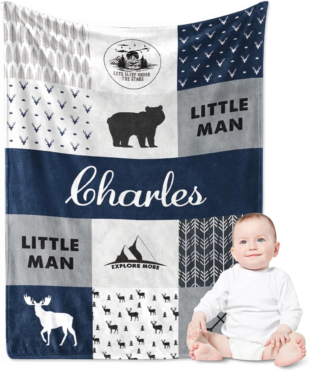 Yoke Style Personalized Baby Blankets for Baby Girls/Boys, Custom Name Swaddle Blanket, Baby Boy Girl Gifts for Newborn, Toddler, Kids on Baby Shower, Birthday