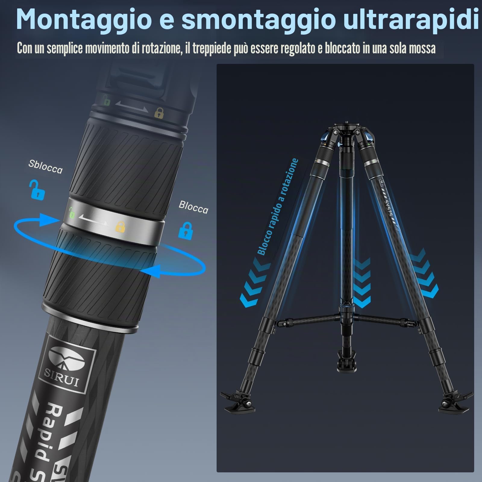 SIRUI SVS75 Treppiede Video Professionale, Treppiede in Fibra di Carbonio da 155cm con Regolazione Dell'altezza in un Unico Passaggio, Carico Fino a 25kg, Treppiede Professionale per Videocamera