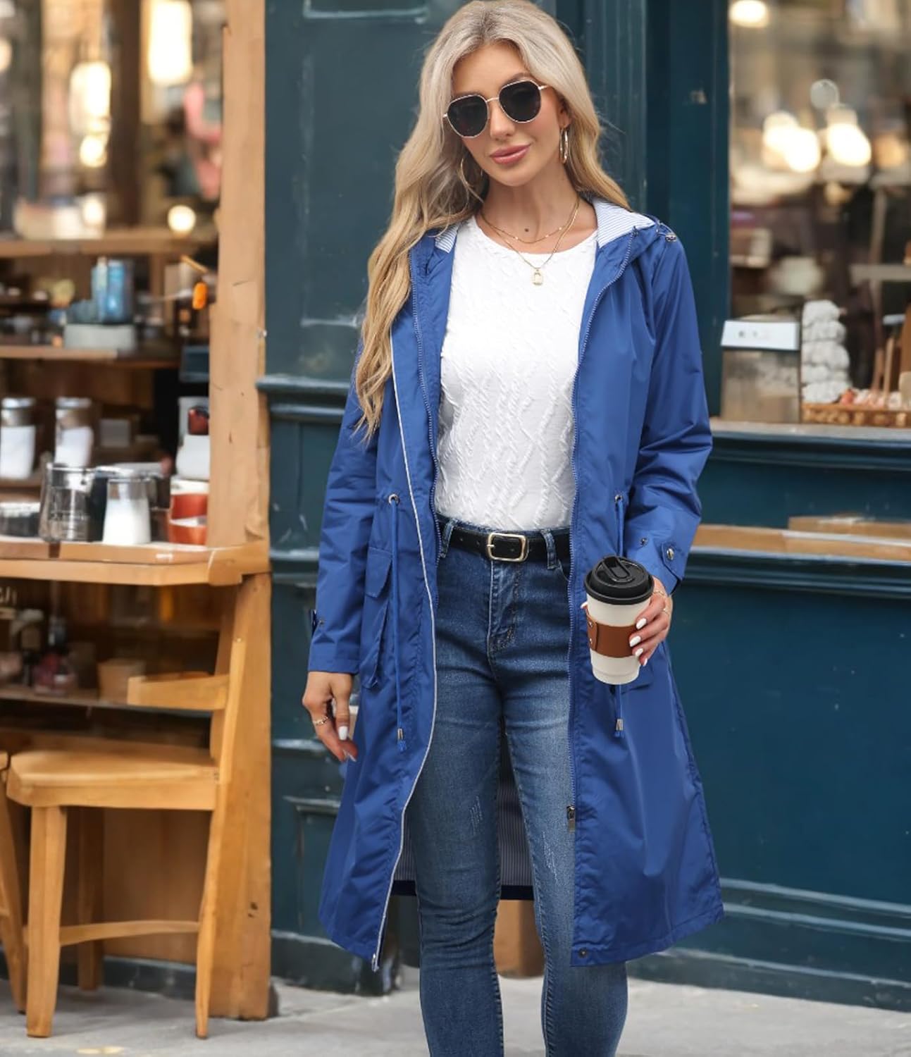 Women Waterproof Lightweight Long Rain Jacket Outdoor Casual Hooded Long Trench Coat