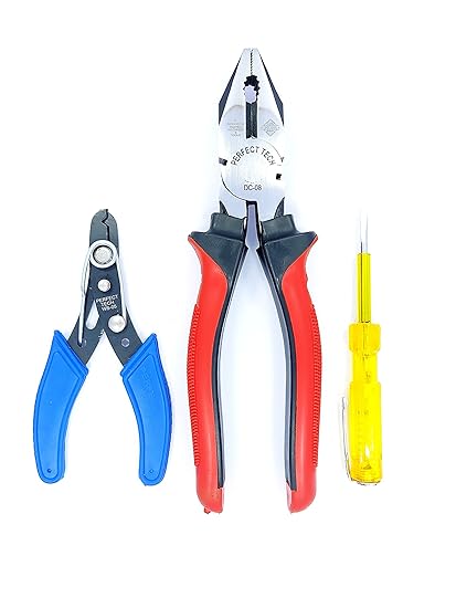 PERFECT TECH Combo Set of 3 Combination Cutting Plier 8 | Double Colour Rubber Sleeves 5 Inch | Wire Stripper Tester | Electrical Work | Steel Pliers original (3 Tools Kit Set)
