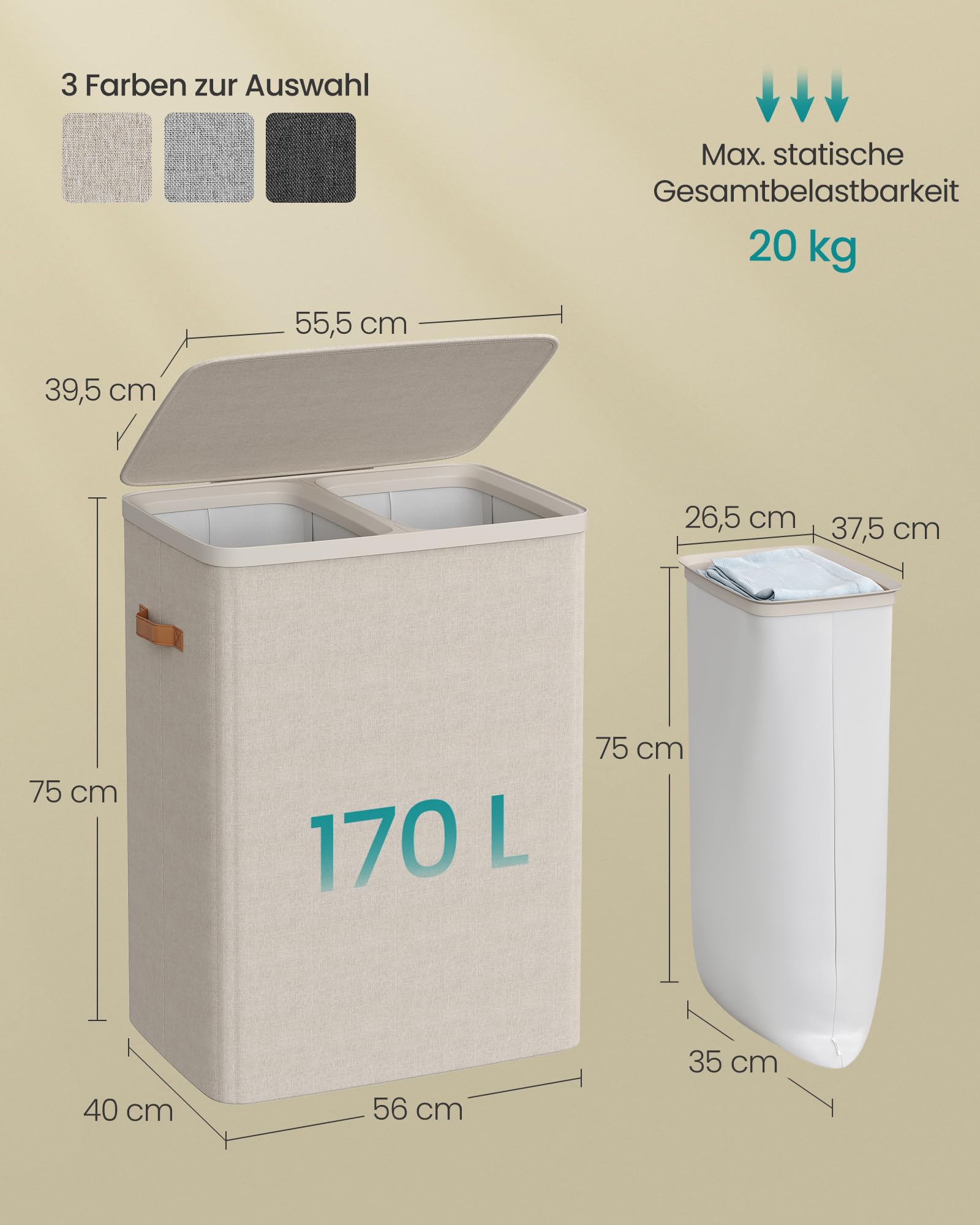 SONGMICS Wäschekorb, 170 L Wäschesammler 2 Fächer, Wäschesortierer, Leichter Aufbau, mit Deckel und Griffen, herausnehmbarer Wäschesack, 56 x 40 x 75 cm, cappuccinobeige LCB813L01