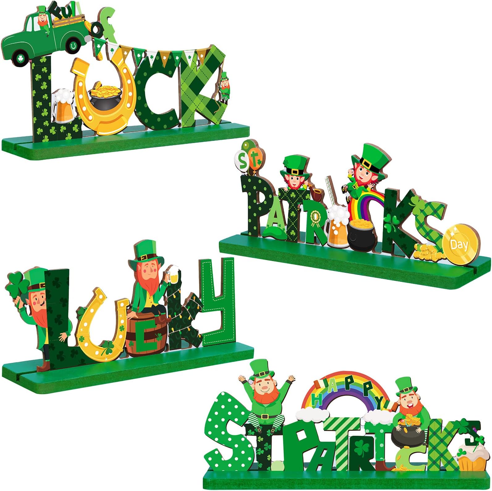 Fovths 4 Pack St. Patrick's Day Table Decorations Green St. Patrick's Day Lucky Table Centerpiece Green Leprechaun Shamrock Wooden Signs Table Toppers for St. Patrick’s Day