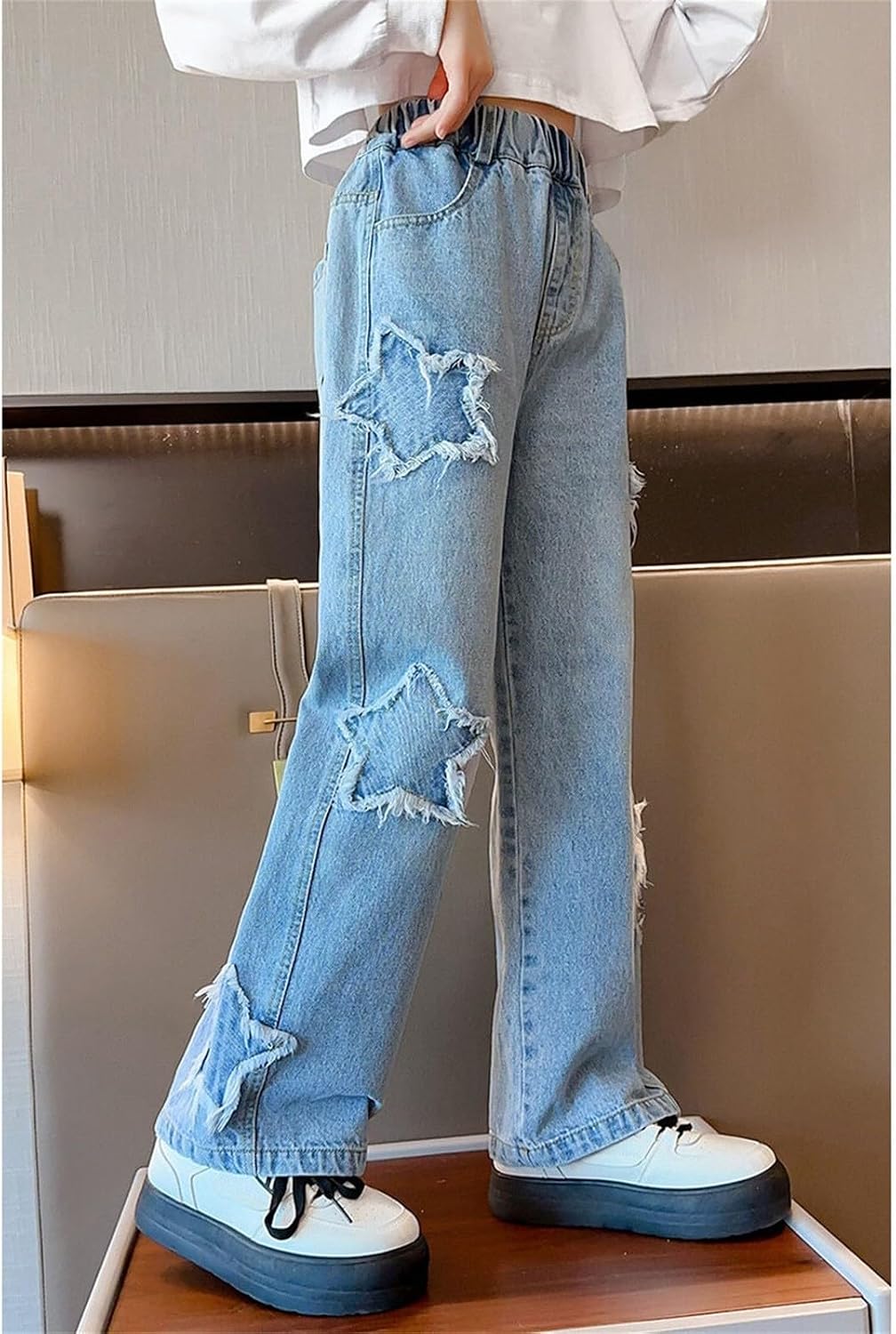 Girls Distressed Denim Pants Star Patchwork Baggy Jeans High Waisted Straight Leg Denim Pants Elastic Waist Casual Jeans