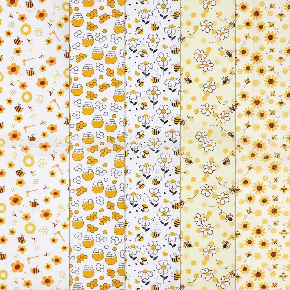 WADORN 5Pcs Yellow Bee Floral Quilting Fabric Bundles Honeycomb Flower Precuts Quilting Patchwork Polycotton Craft Printed Sewing Material for DIY Sewing Home Spring Party Holiday Decor, 18x20 Inch