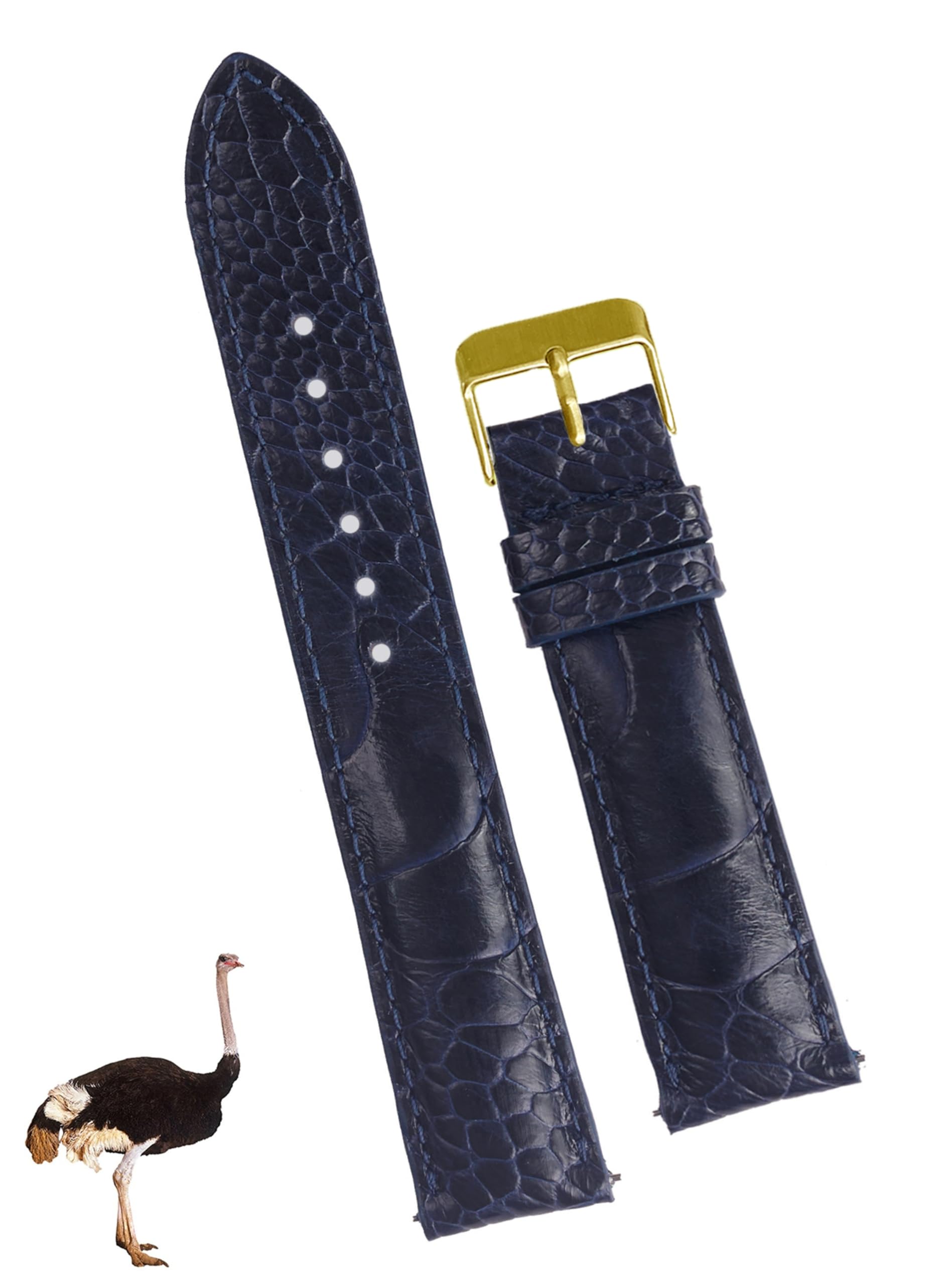 20mm Blue Ostrich Leather Watch Band Men Quick Release Replacement Strap Extra Soft Handmade Wristband Stainless Steel Buckle, Christmas Father's Day Gift for Dad Son Husband DH-54G-20MM