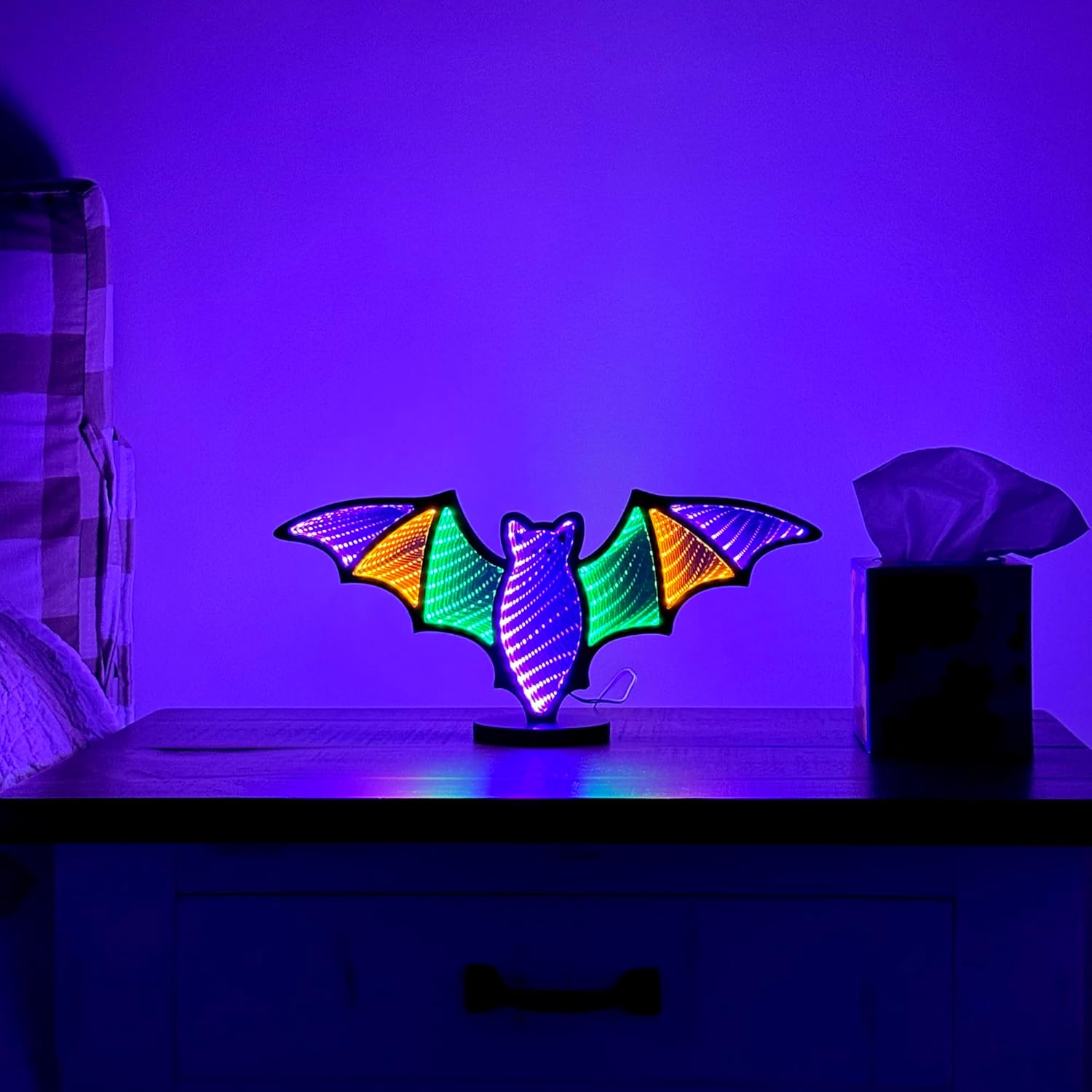 Bat Infinity Mirror Light with Stand - LED Lighted Halloween Decoration - USB-Powered - Bat Silhouette 3D LED Infinity Light - Indoor Seasonal Decor for Tables or Windows - 16" x 7"