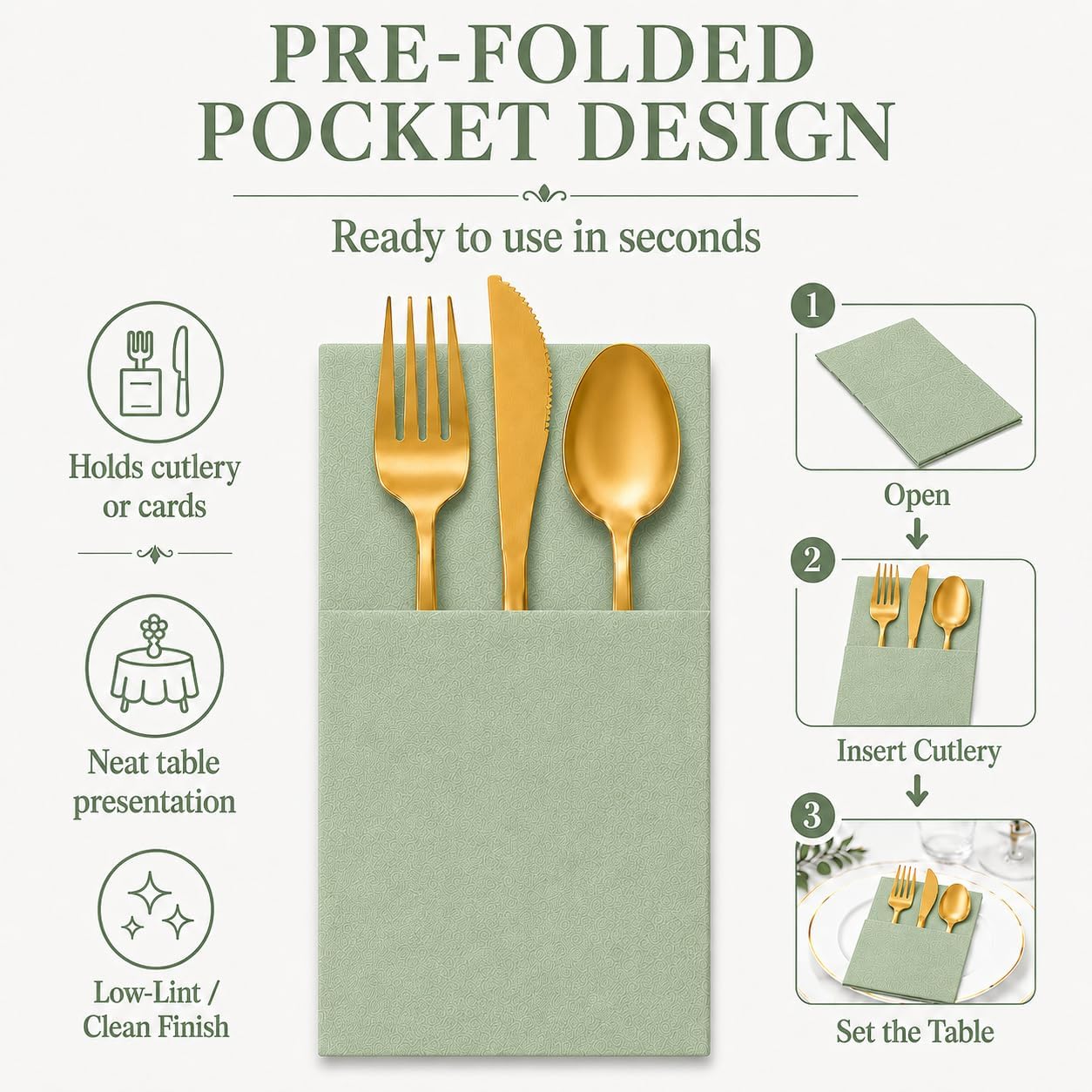 50 Pcs Sage Green Napkins Disposable Linen Feel Dinner Paper Napkins with Built-in Flatware Pocket, 16in x 16in Airlaid Paper Pre-Folded Napkin for Silverware Baby Shower Easter Wedding Birthday Party image 5