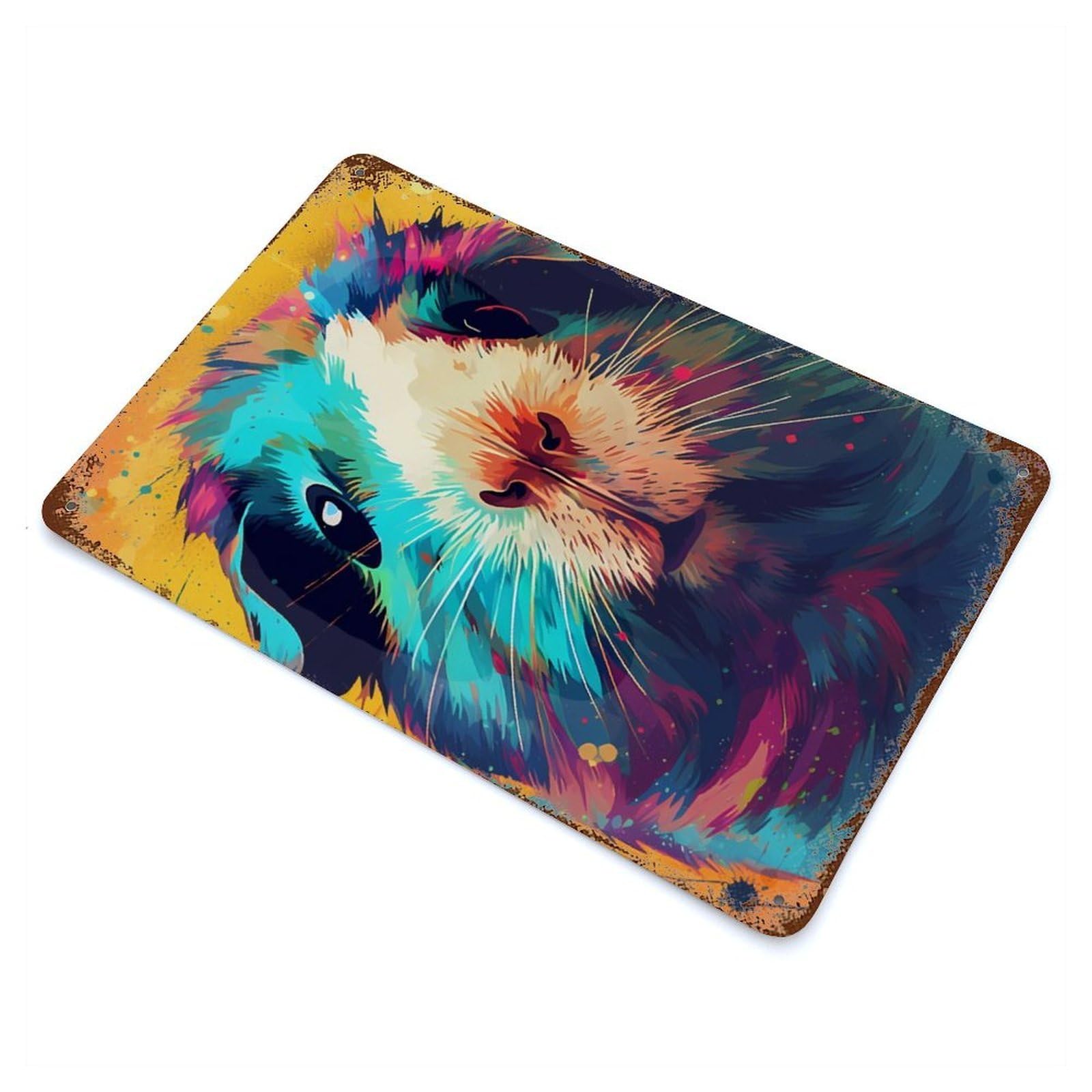 Weathered Tin Sign with Guinea Pig Colorful Design 11.8"x7.9", for Basement, Hobby Room And Garage Decor, Industrial Home Decor