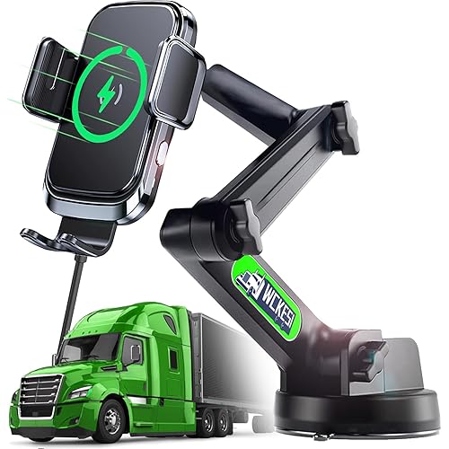 Truck Phone Holder Wireless Car Charger Mount, 15W Fast Charging Vacuum Phone Holders 14 inch Long Arm Heavy Duty Pickup Windshield and Dashboard, Trucks Accessories for iPhone Samsung LG