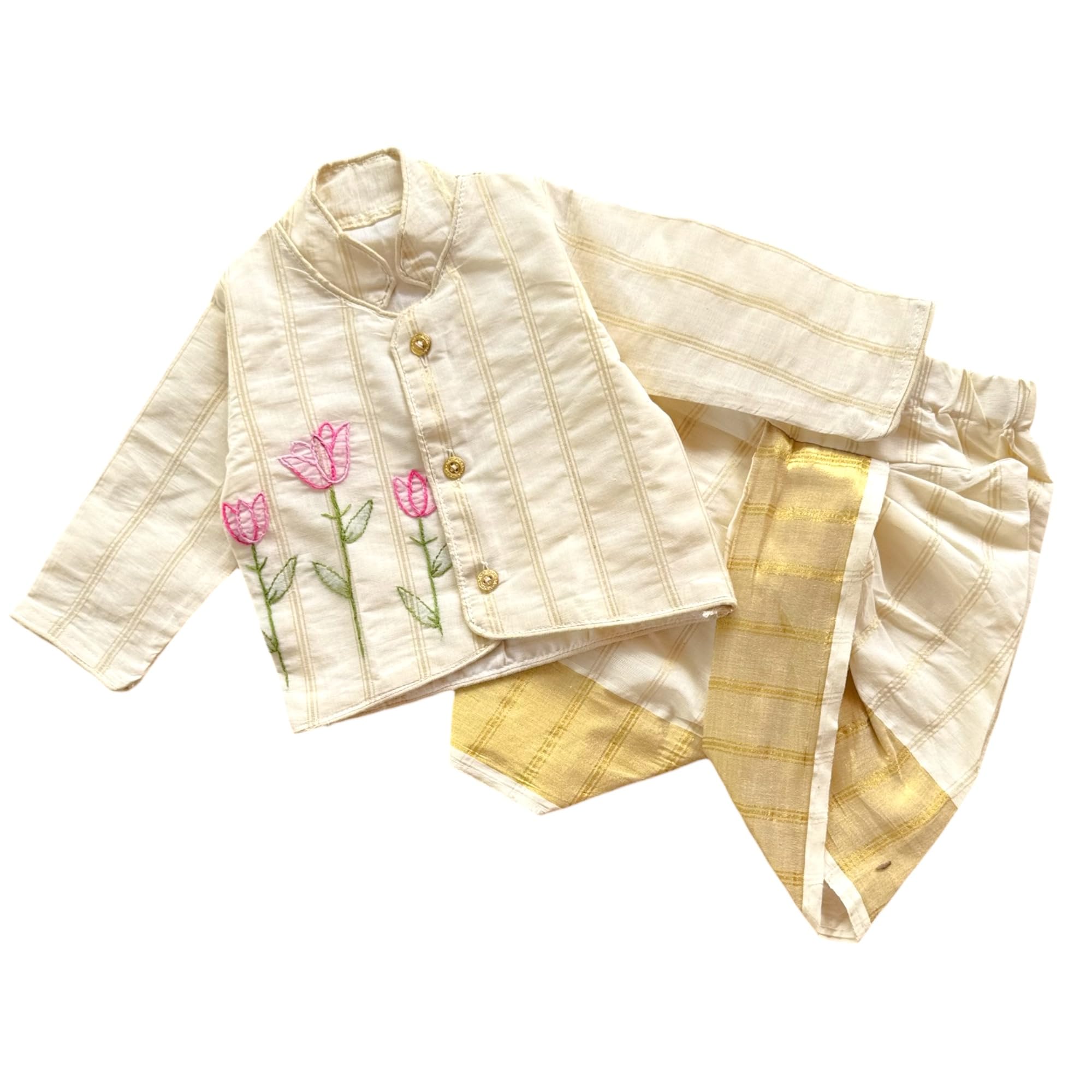 Baby Boys Kerala Kasavu Naming ceremony set/Cotton Kurta Dhoti Set, Cream with Gold Border, Full Sleeve, Hand Embroidered Floral Design-image-38
