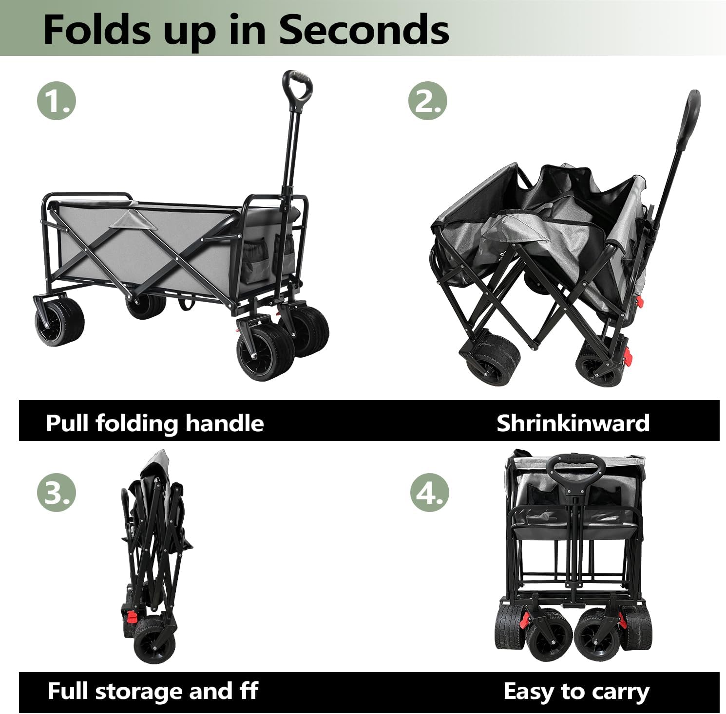 Large Collapsible Wagon Cart Heavy Duty Foldable, Large Capacity Foldable Grocery Beach Wagon for Camping Sports Shopping, Gray