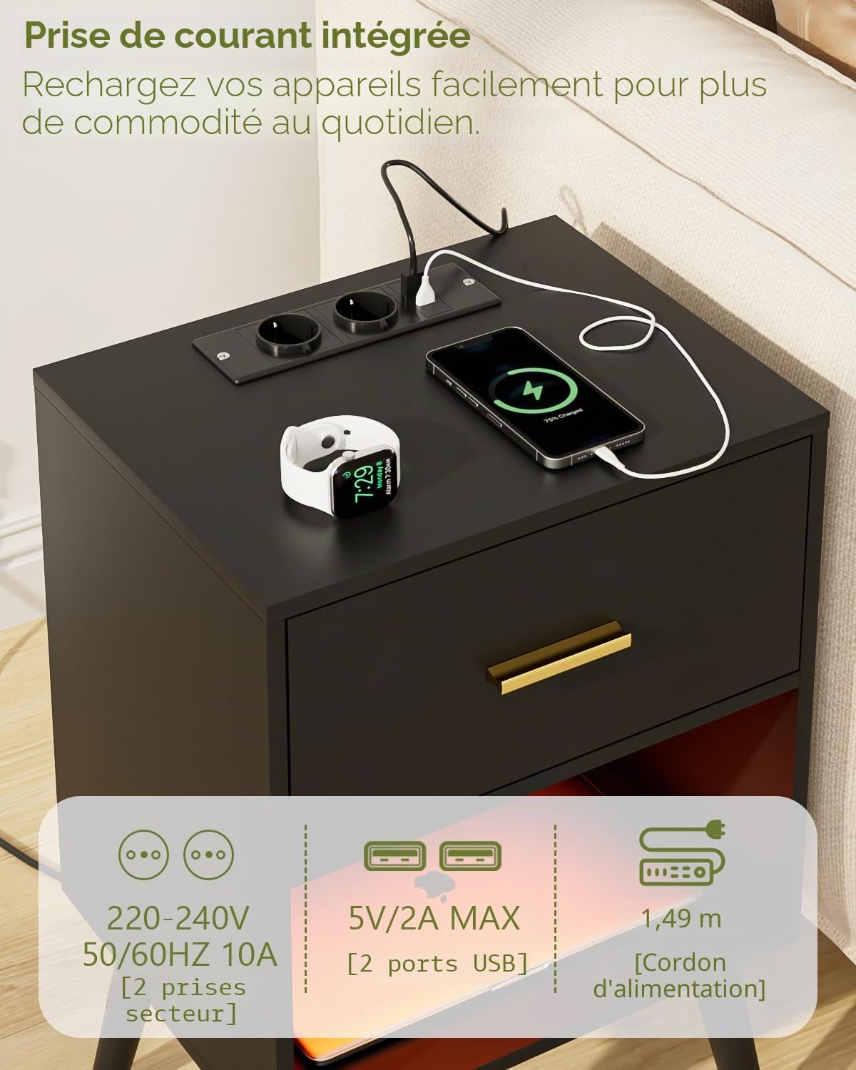 table de chevet avec prise - Noir - Charge et USB - LED avec tiroir - Appoint pour chambre à coucher, salon