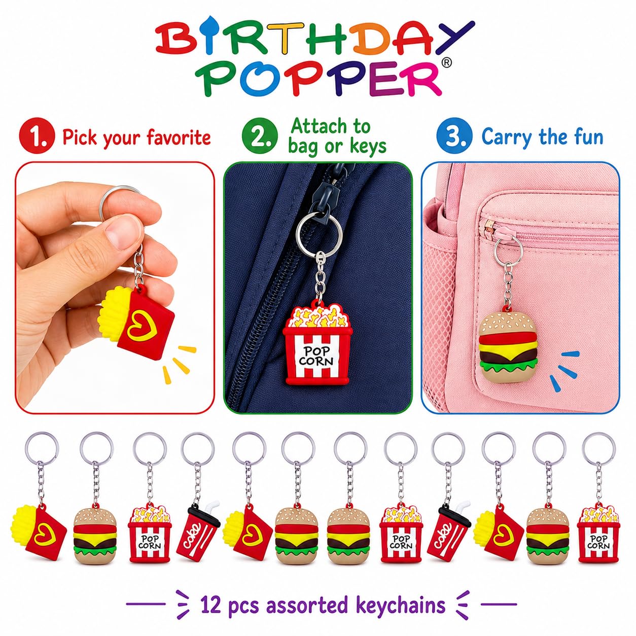 Birthday Popper Birthday Return Gift for Kids, 12 Fast Food Keychains 2