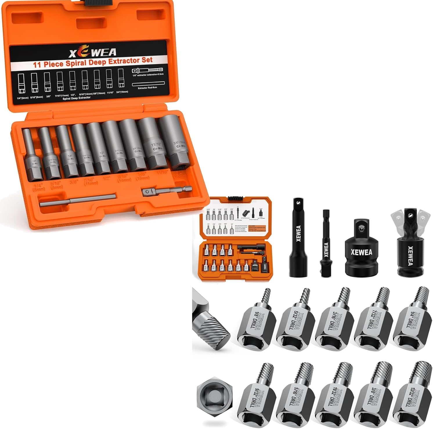 XEWEA 25PCS Bolt & Screw Extractor and Remover Set, 3/8" Drive Multi-Spline & Spiral Deep Bolt Extractor Kit with Adapters, Extension Bar & Universal Joint – CR-MO Steel, Removes Damaged, Rusted or St