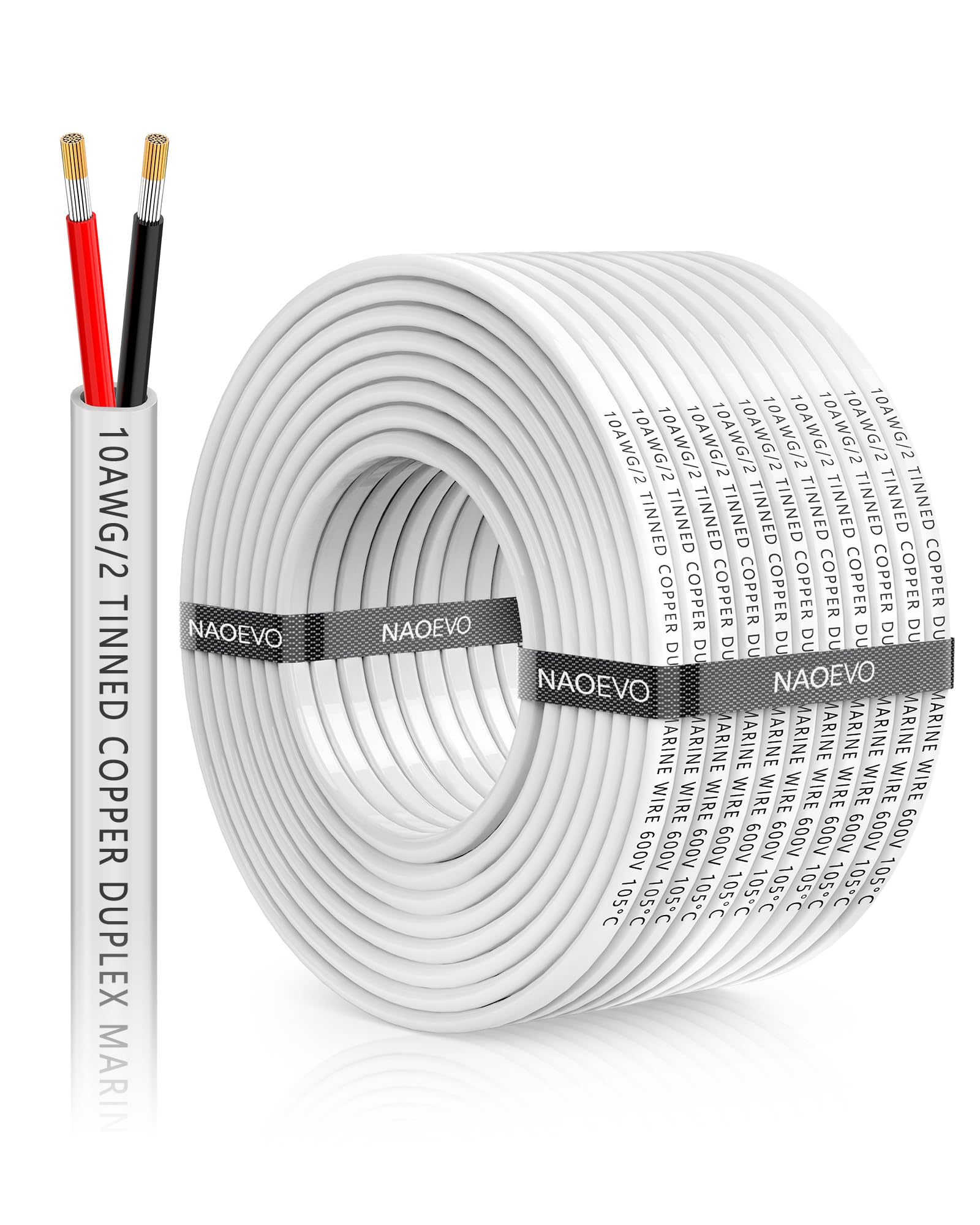 NAOEVO 10 Gauge Marine Wire Duplex, 10 AWG Stranded PVC Marine Electrical Wire, Waterproof/Corrosion Resistant/Tinned Copper Electrical Cable for Boat/Automotive/RV/Solar (60FT)