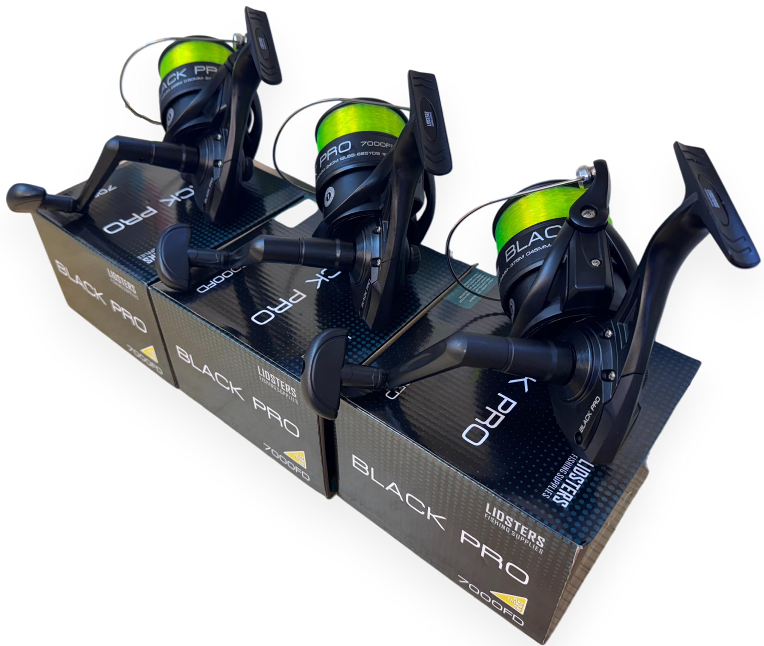 3 NEW LARGE BLACK PRO 70 FD SEA FISHING LIDSTERS BEACH PIER REELS YELLOW LINE 70