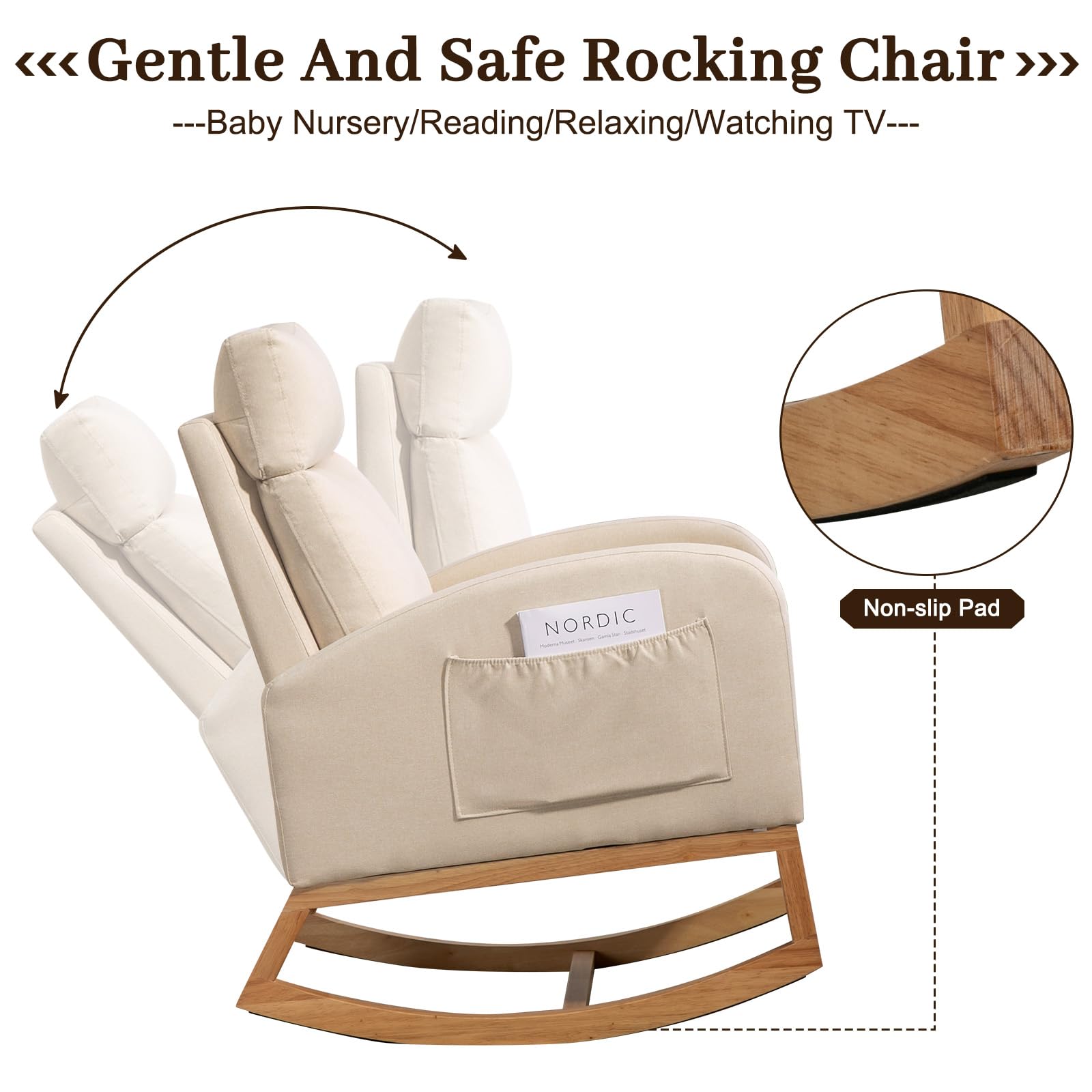 GarveeHome Rocking Chair Nursery Glider Chair, Upholstered Rocking Chair for Nursery with Rubber Wood Legs, Comfy High Backrest, Side Pockets, Armchair for Living Room, Bedroom, White