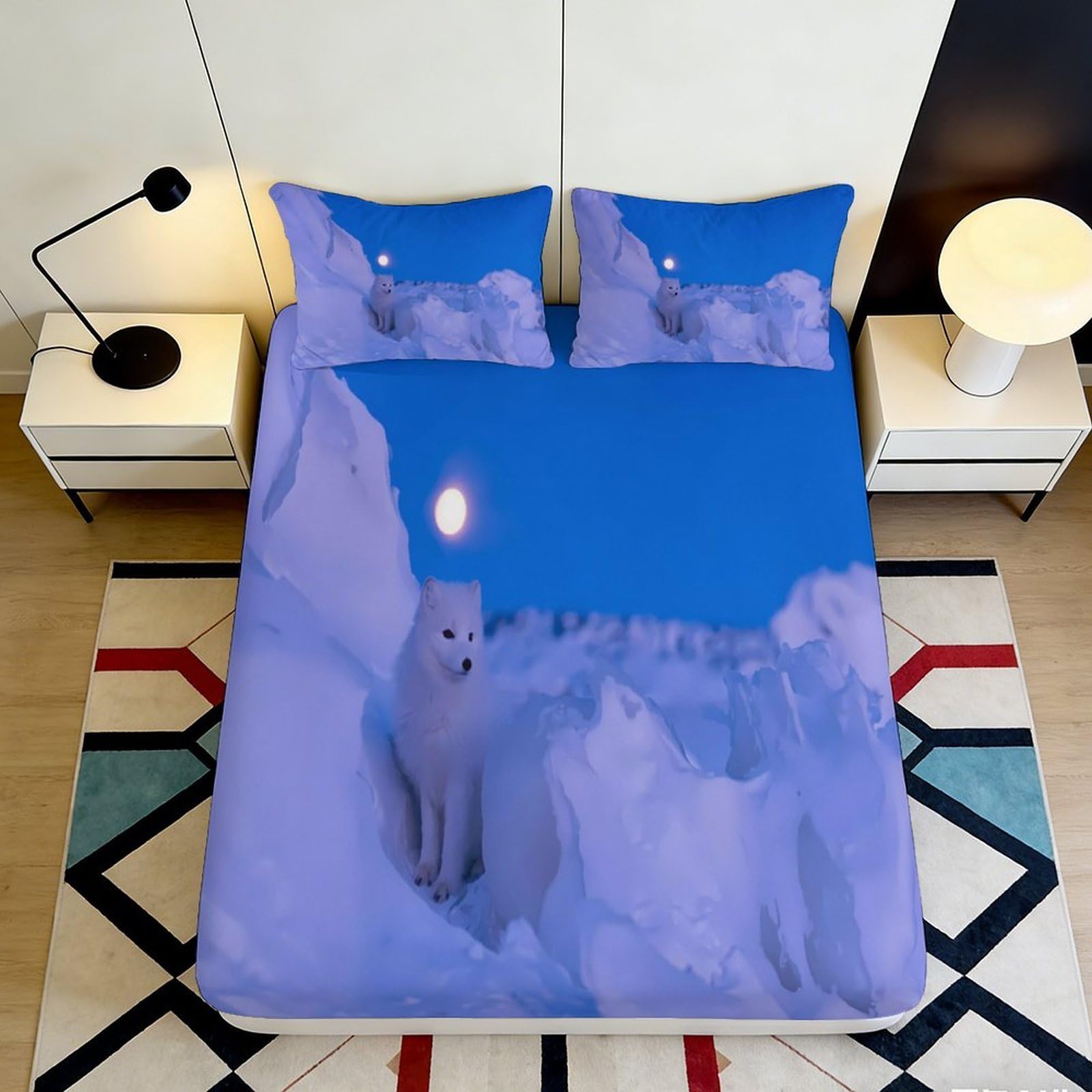 3D Printed Arctic Wolf Snow Landscape Fitted Sheet Microfiber Soft Bed Cover for Bedroom Guest Room Decor 120x200cm 160x200x25cm