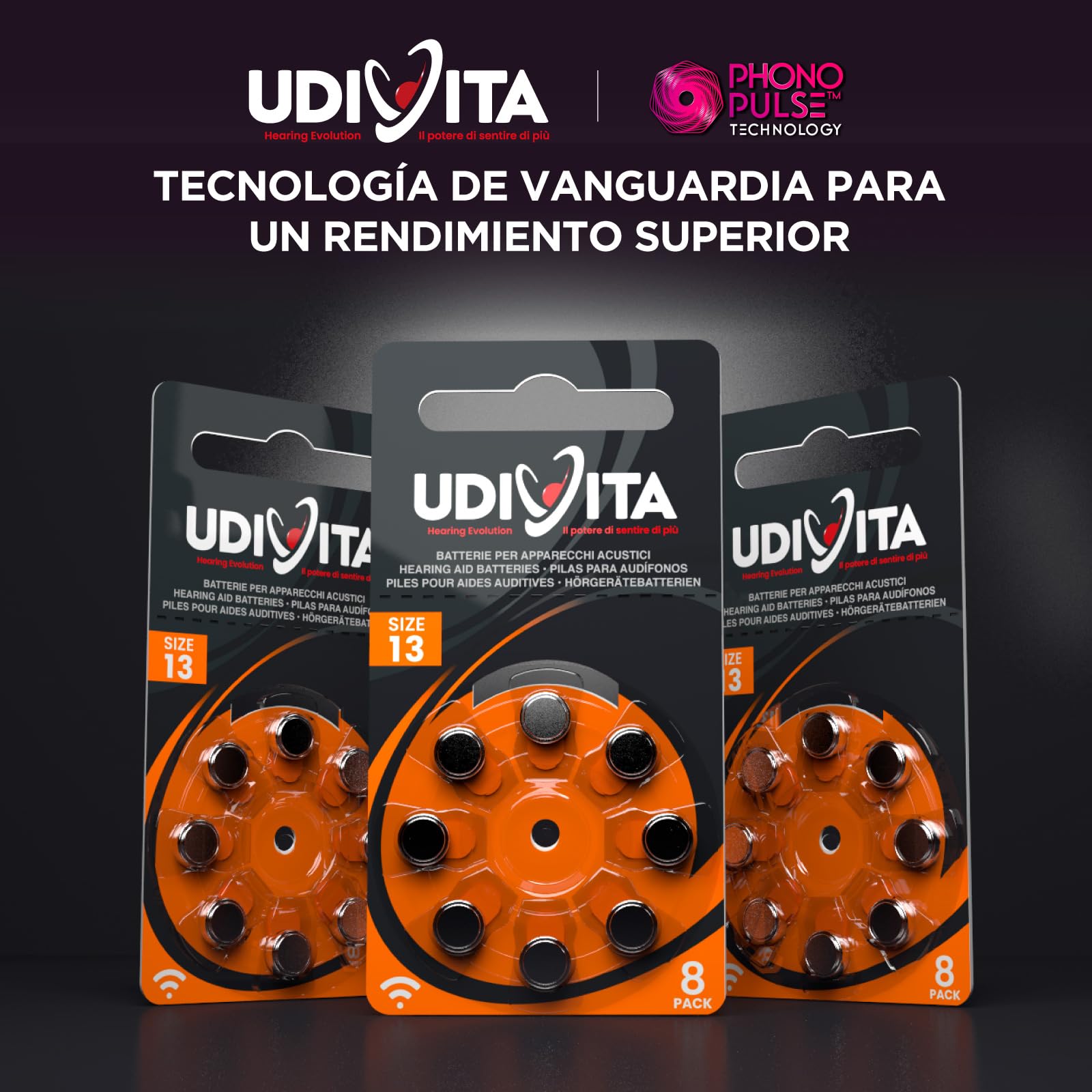 80 Pilas para Audífonos Tamaño 13 Udivita PR48 (Naranja) Zinc-Aire con Tecnología Phono Pulse - 10 Blísteres de 8 Pilas