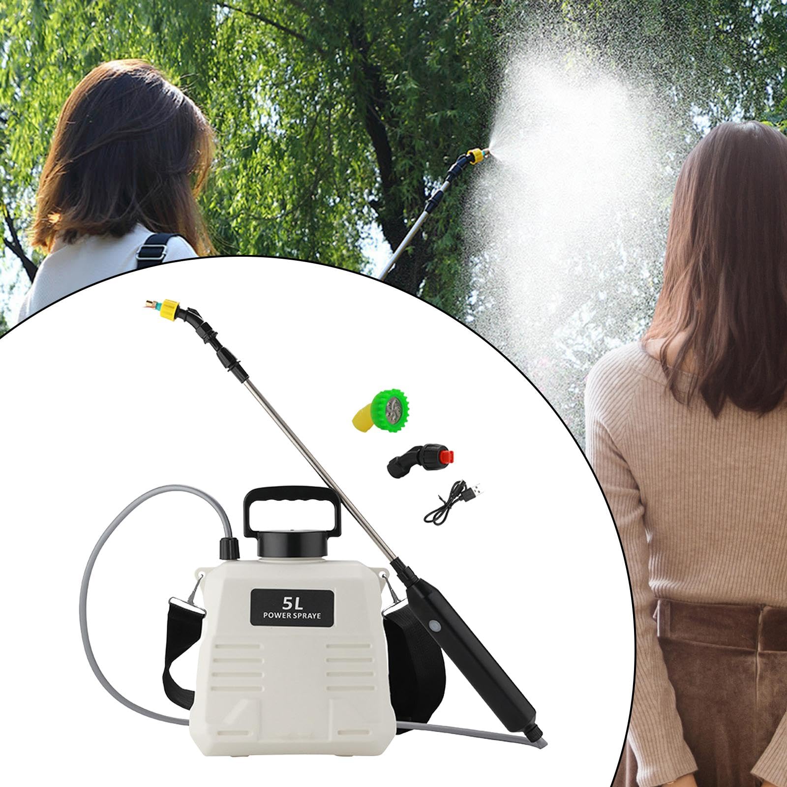Pulverizador Eléctrico con 3 Boquillas de Niebla, Correa para El Hombro Y Varillas Telescópicas para Riego Exterior, 5L Blanco