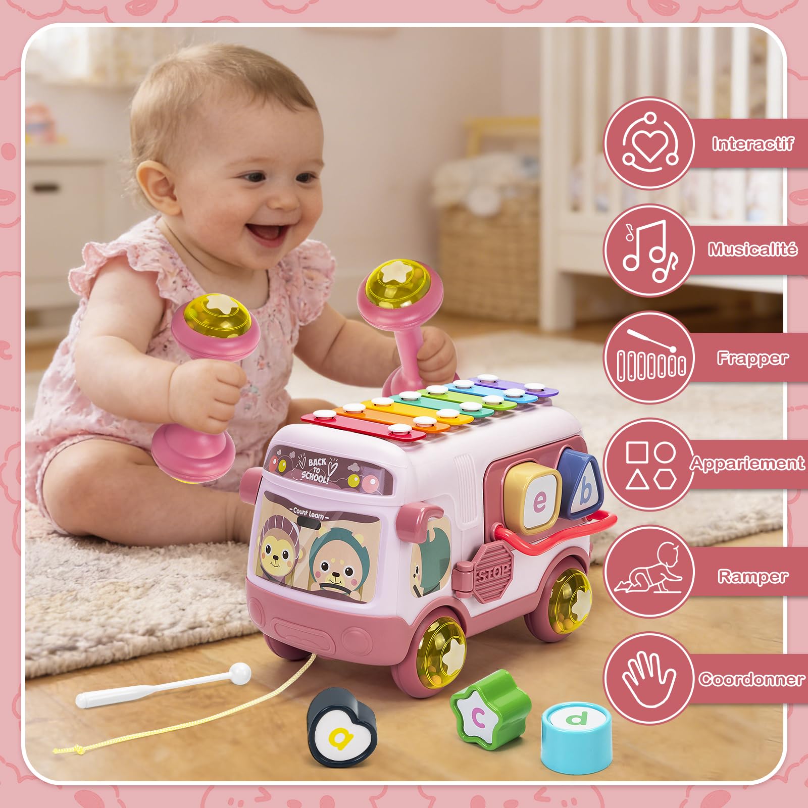 Jouet Fille 1 an, Jouets Bebe 12 à 18 Mois Bus Musicaux Sensoriel avec Xylophone, Trieur de Formes Jouet éducatif précoce, Cadeaux pour Les Enfant 12 Mois+ Rose