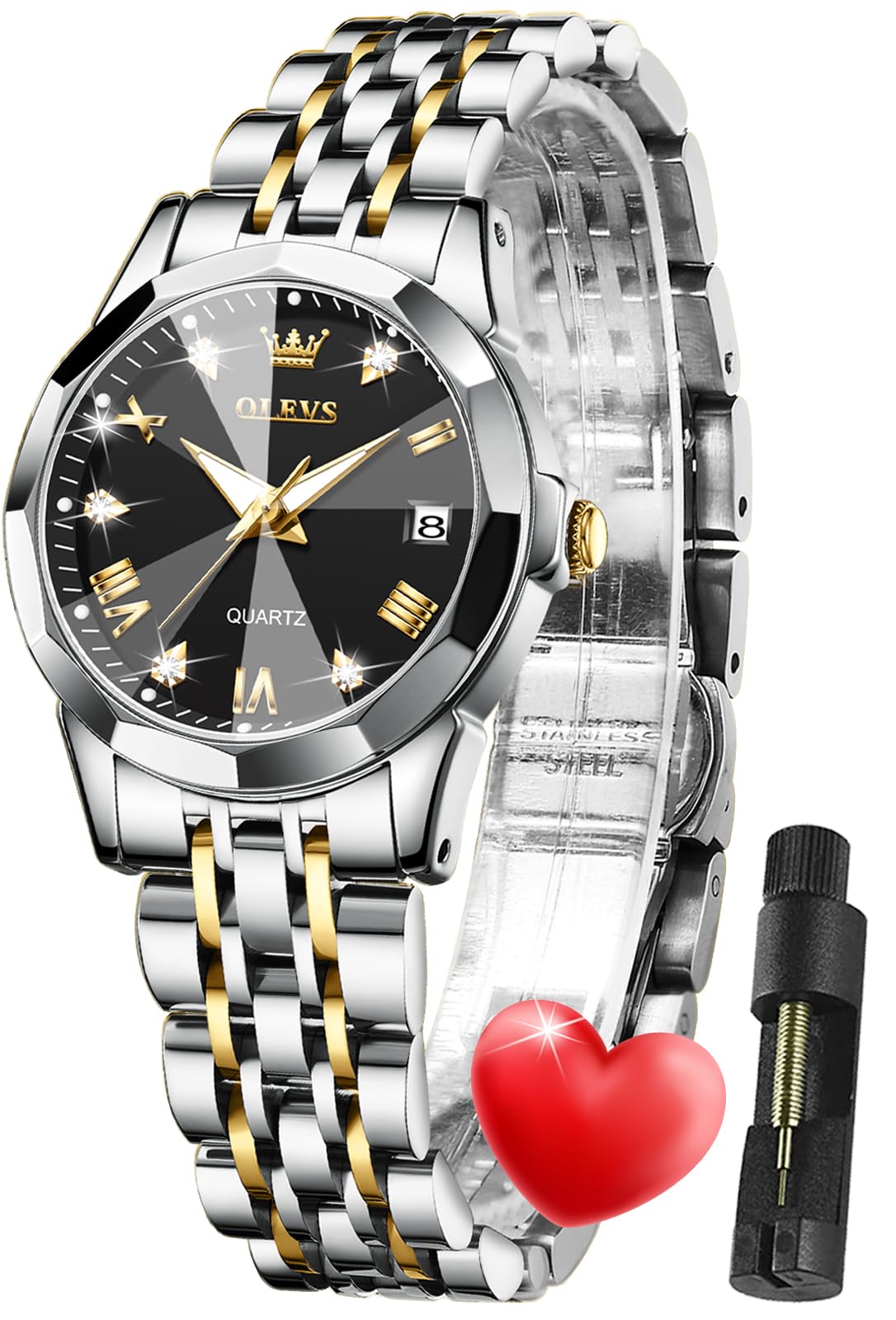 OLEVS Damen Uhr Quarzuhr mit Diamant Edelstahlarmband Wasserdicht Datumsanzeige Elegante Damenuhr für Frauen Geschenke zum Muttertag