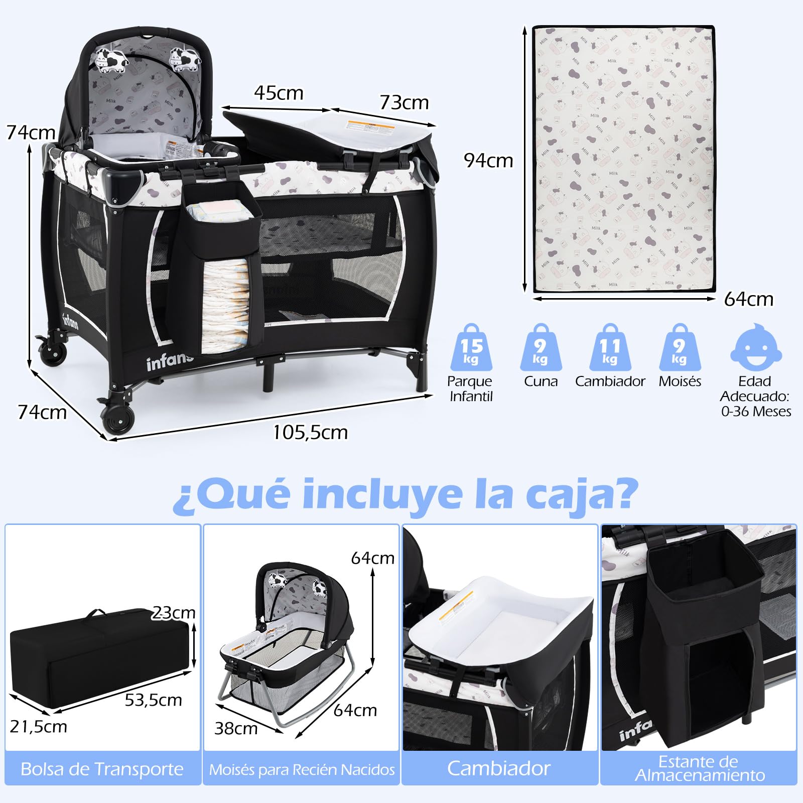 GOPLUS Cuna de Bebé Plegable 4 en 1, Cuna con Ruedas, Colchón, Bolsa de Transporte, Juguetes Colgantes, Cama Infantil de 2 Niveles con Moisés, Cambiador, para Viajes Vacaciones, Carga 15 kg (Beige)