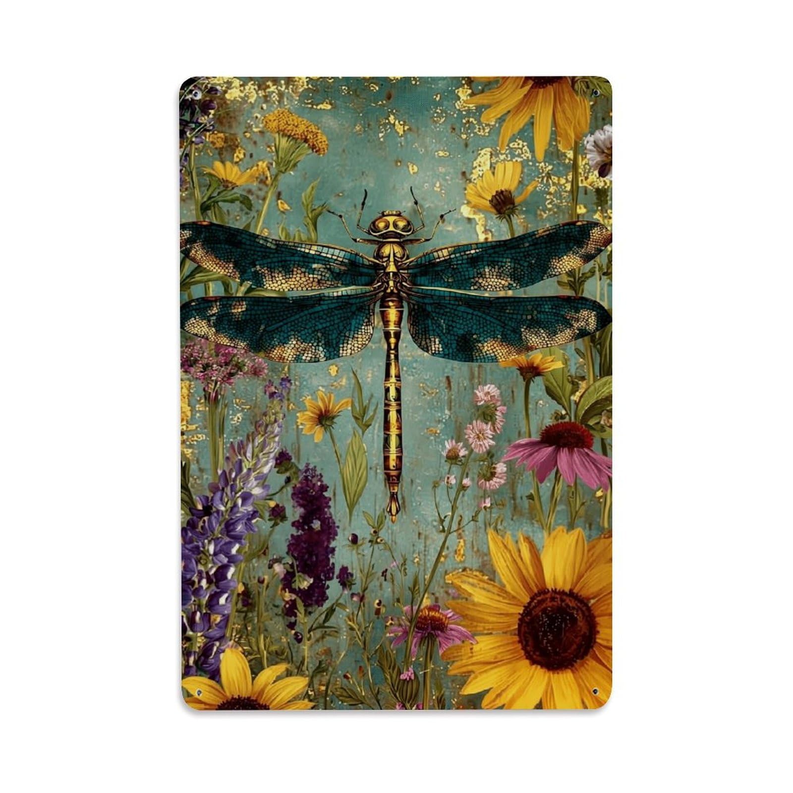 Nestemfo Vintage Golden Dragonfly Amidst Wildflowers Tin Sign Metal Sign, Living Room,Bar, Home, Bedroom Wall Decor,Retro Metal Poster 8X12 Inches
