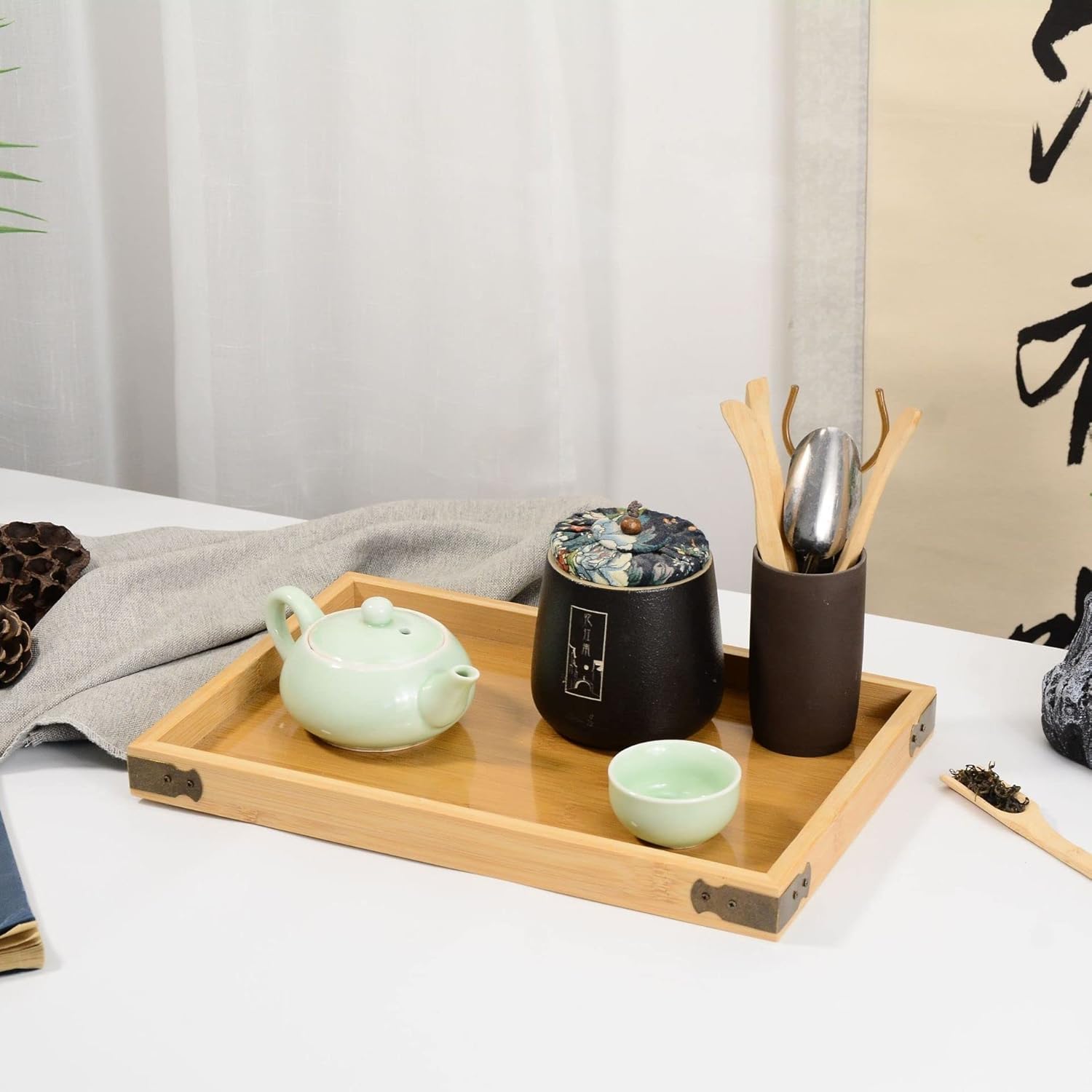 Chinese Style Household Tray Tea Tray Dim Sum Wood Tray Rectangular Wooden Saucer Fruit Plate Tableware (D Rectangular)