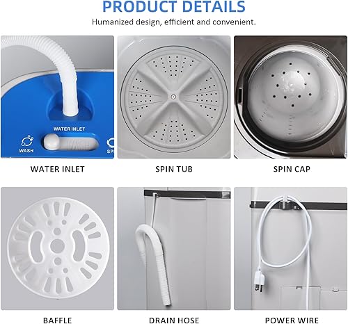 Miniatura 5 de Lavadora portátil, lavadora semiautomática de 15.5 libras con doble tina (lavar y secar centrifugado), lavadora compacta para apartamentos,