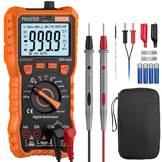 Proster Digital Multimeter 6000 Counts TRMS Auto Range NCV Detector DC AC Voltage Current Meter Temperature Capacitance Resistance Diode Continuity Tester