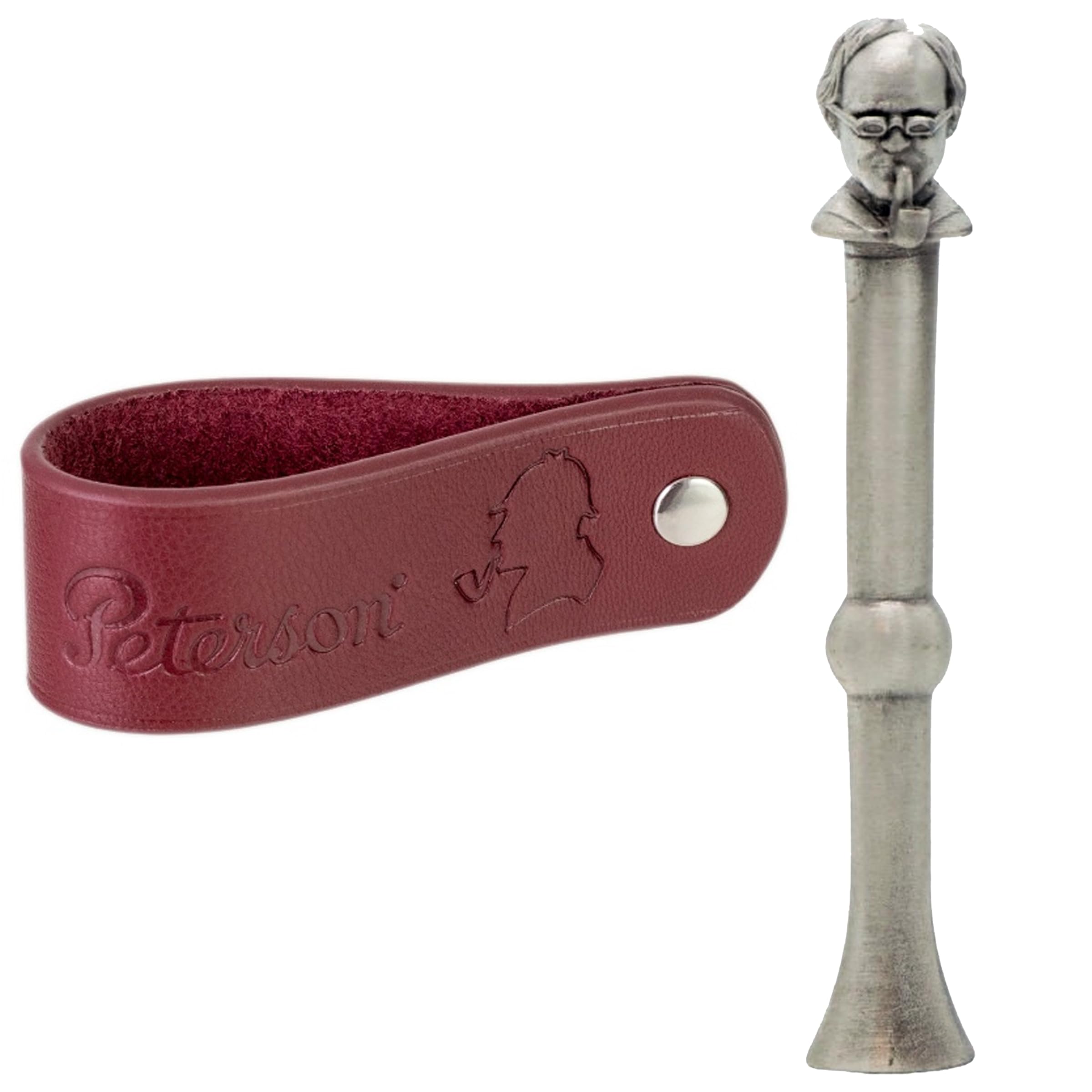 PetersonPipes - Thinking Man Pewter Tamper + Oxblood Red Sherlock Holmes Genuine Leather Pipe Stand