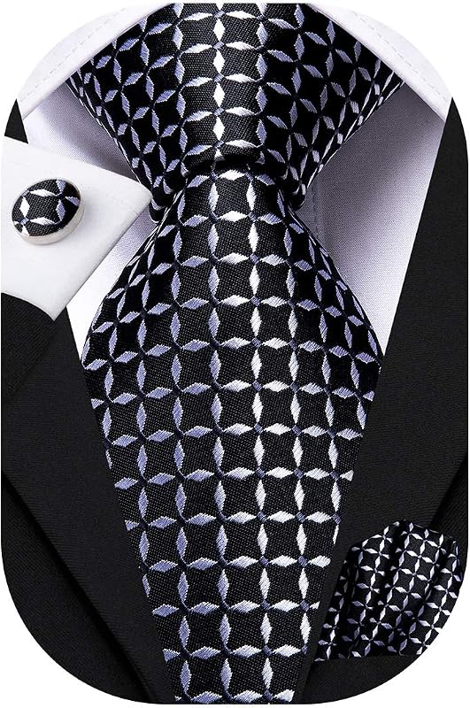 Mens Plaid Ties Classic Paisley Necktie with Handkerchief Cufflinks Set Business Stripe Tie
