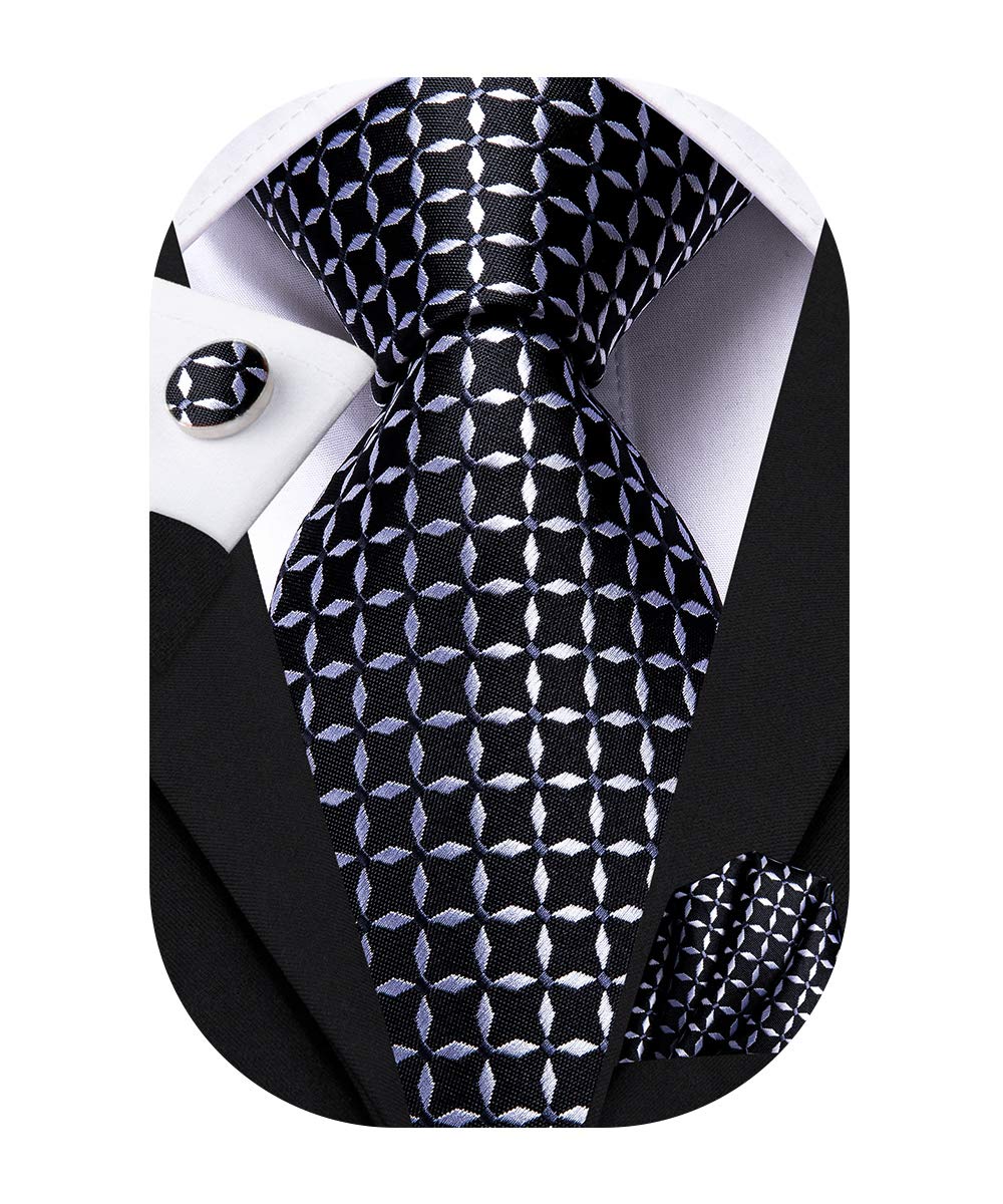 Mens Plaid Ties Classic Paisley Necktie with Handkerchief Cufflinks Set Business Stripe Tie