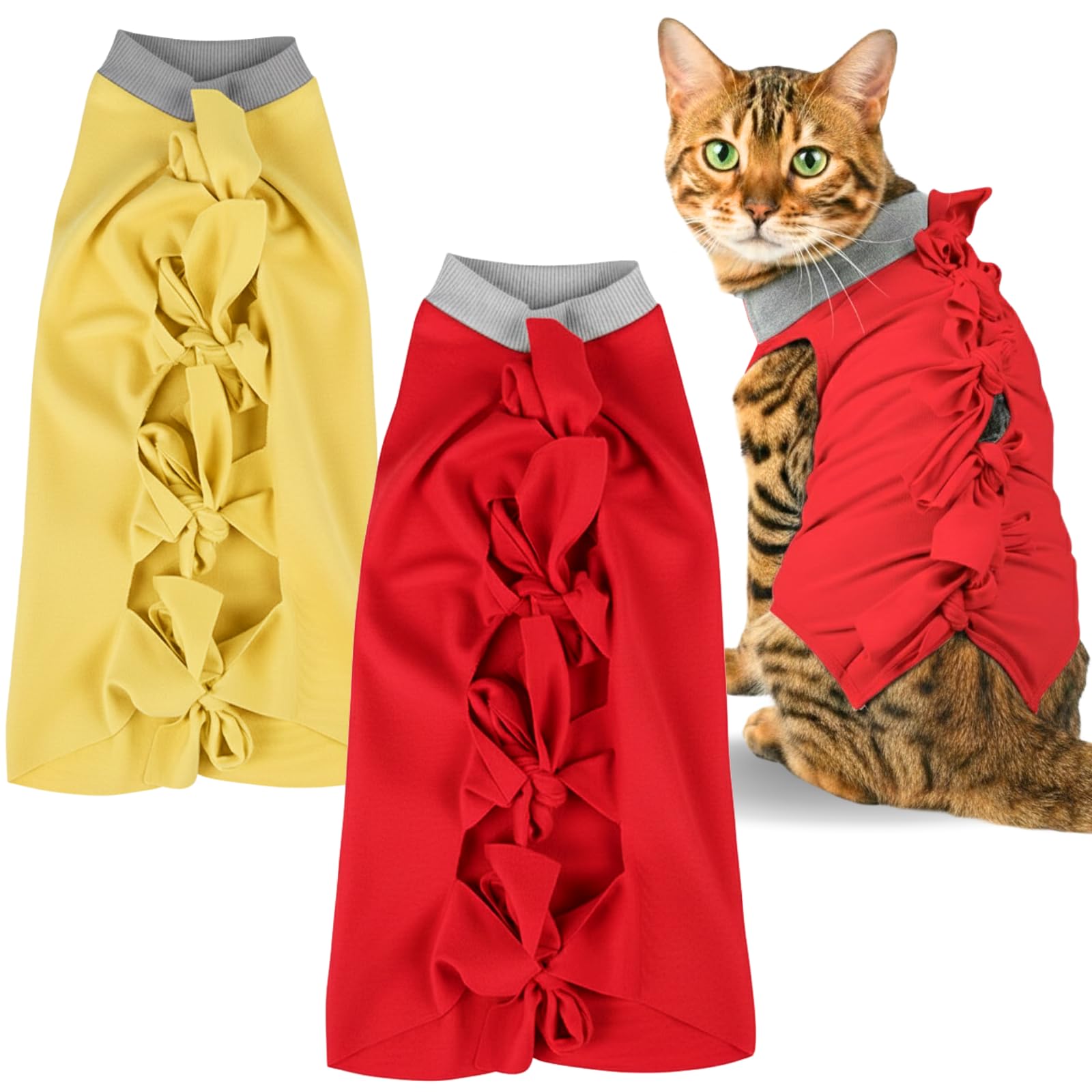 A+a Pets' MAA' Cat Everyday Clothing Combo | E-Cone Alternative, Post Surgery Recovery, Abdominal Wounds, Skin Issues | Breathable Cotton Set of 2 (Red & Yellow, S)-image-48